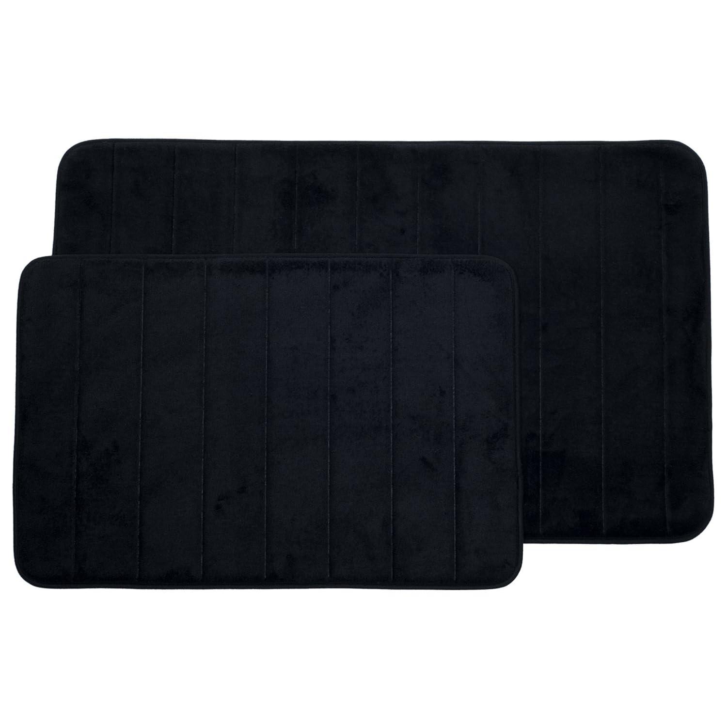 Lavish Home Bathroom Rugs - 2-Piece Memory Foam Bath Mats with Microfiber Top - Non-Slip Absorbent Rugs for Shower, Laundry, or Kitchen (Black)