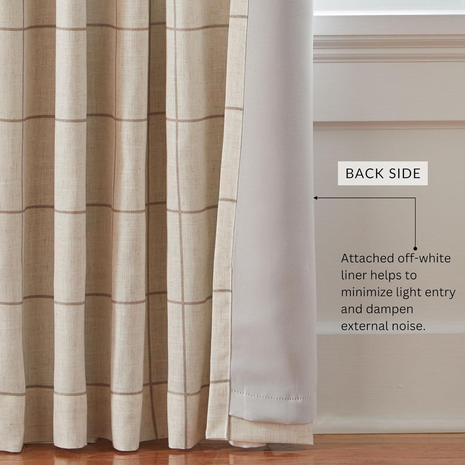 Brighton Windowpane Plaid Lined Room Darkening Single Window Curtain Panel  - 52" x 95" - Linen - Elrene Home Fashions