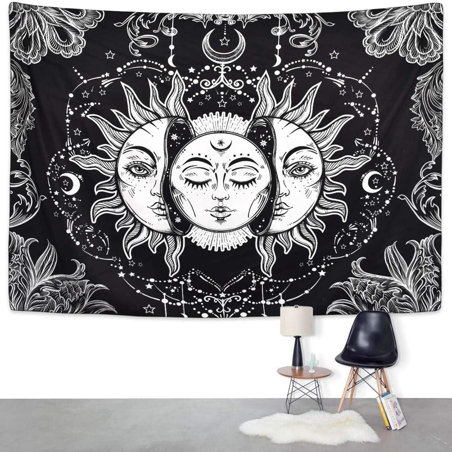 Ftuency Sun and Moon Tapestry, Black and White Tapestries Mystic Burning Sun with Star Wall Hanging decor for Bedroom (59" W x 51" L)