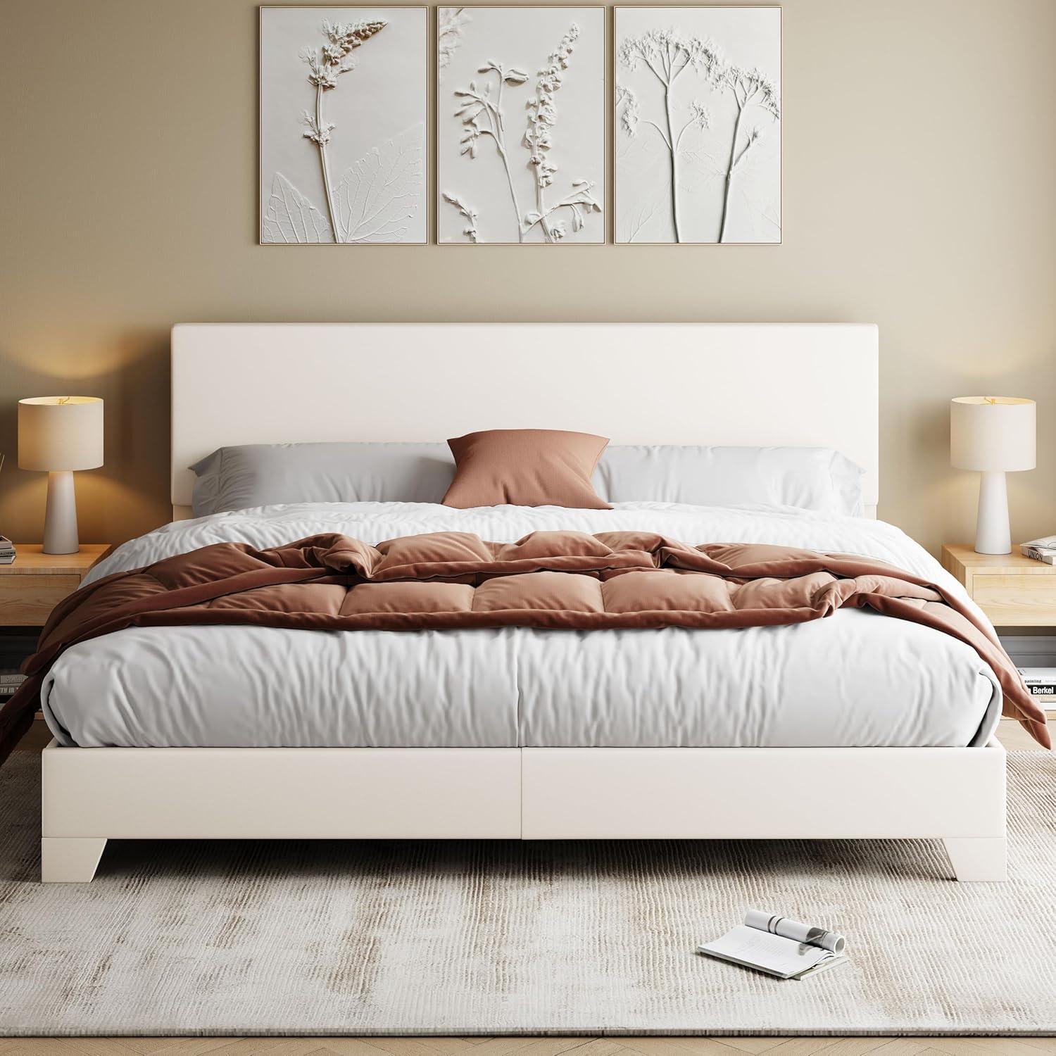 Allewie King Size Bed Frame with Adjustable Headboard, Faux Leather Platform Bed with Wood Slats, Heavy Duty Mattress Foundation, No Box Spring Needed, Noise-Free, Easy Assembly, White