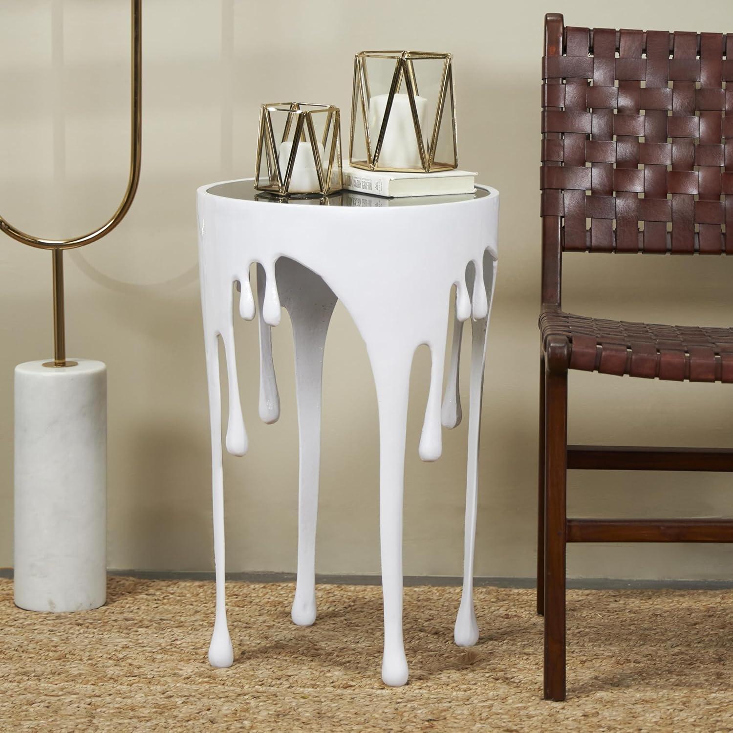 White Aluminum Drip Design Round Side Table with Black Glass Top