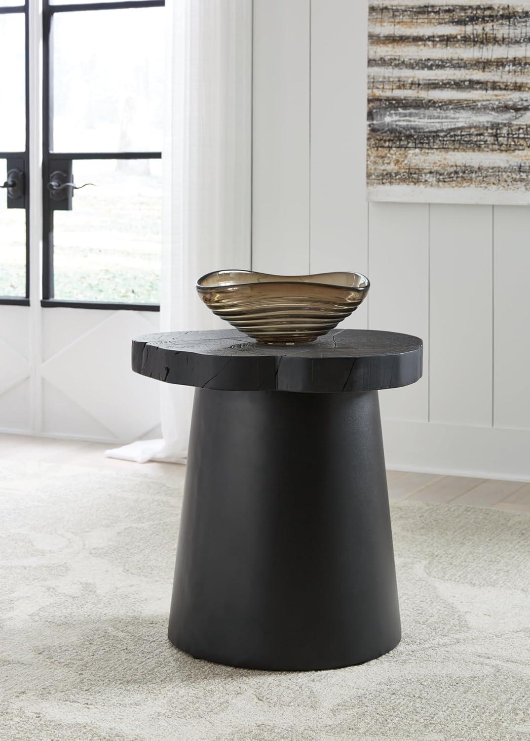 Black Round Wood and Metal Contemporary End Table