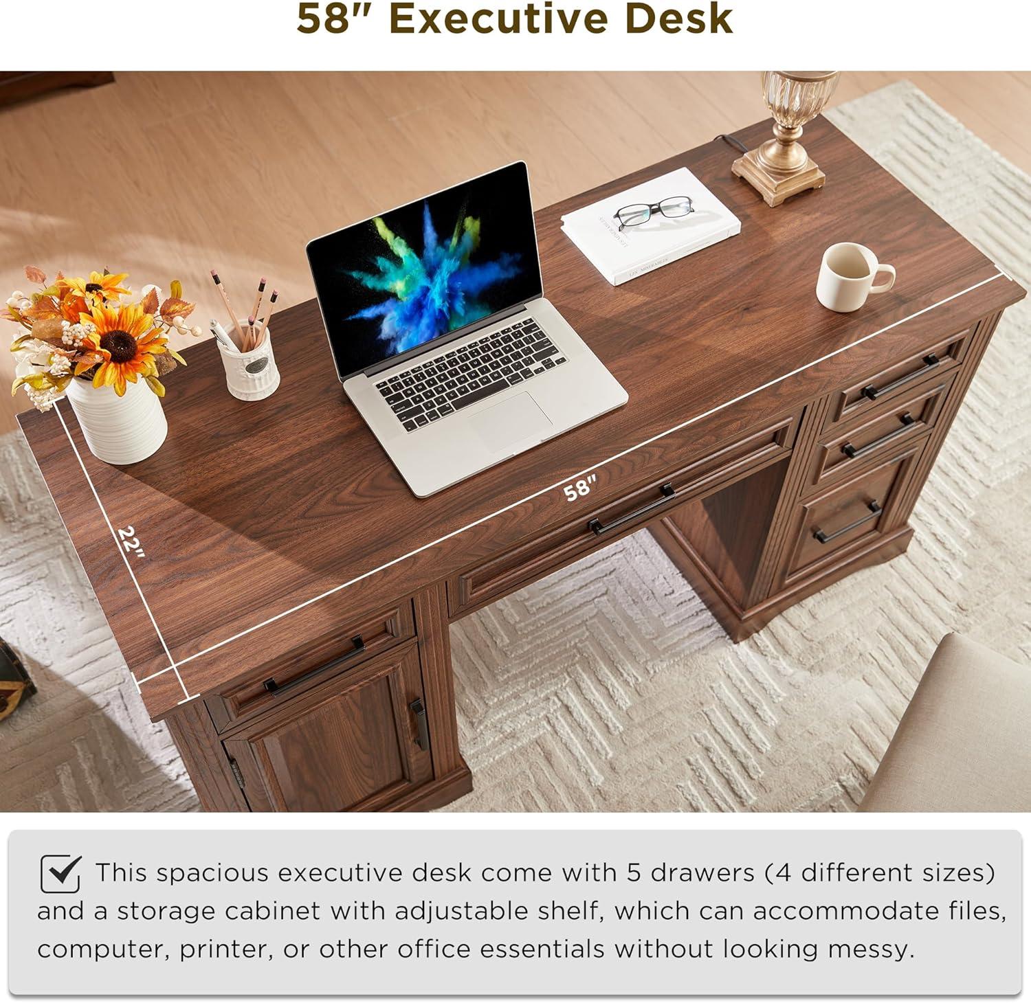 FETON Farmhouse 58" Executive Desk, Computer Desk with Drawers and Storage Cabinet, Workstation for Office Home (Dark Brown)