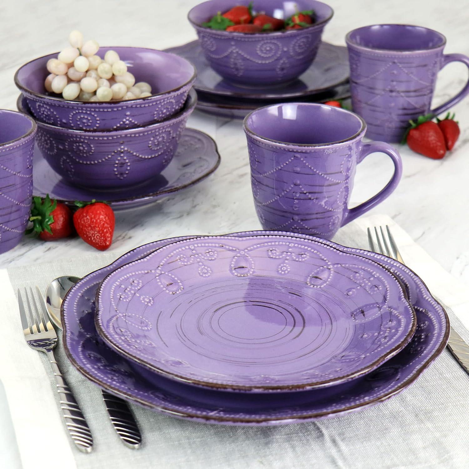 Elama Rustic Birch 16 Piece Stoneware Dinnerware Set in Purple