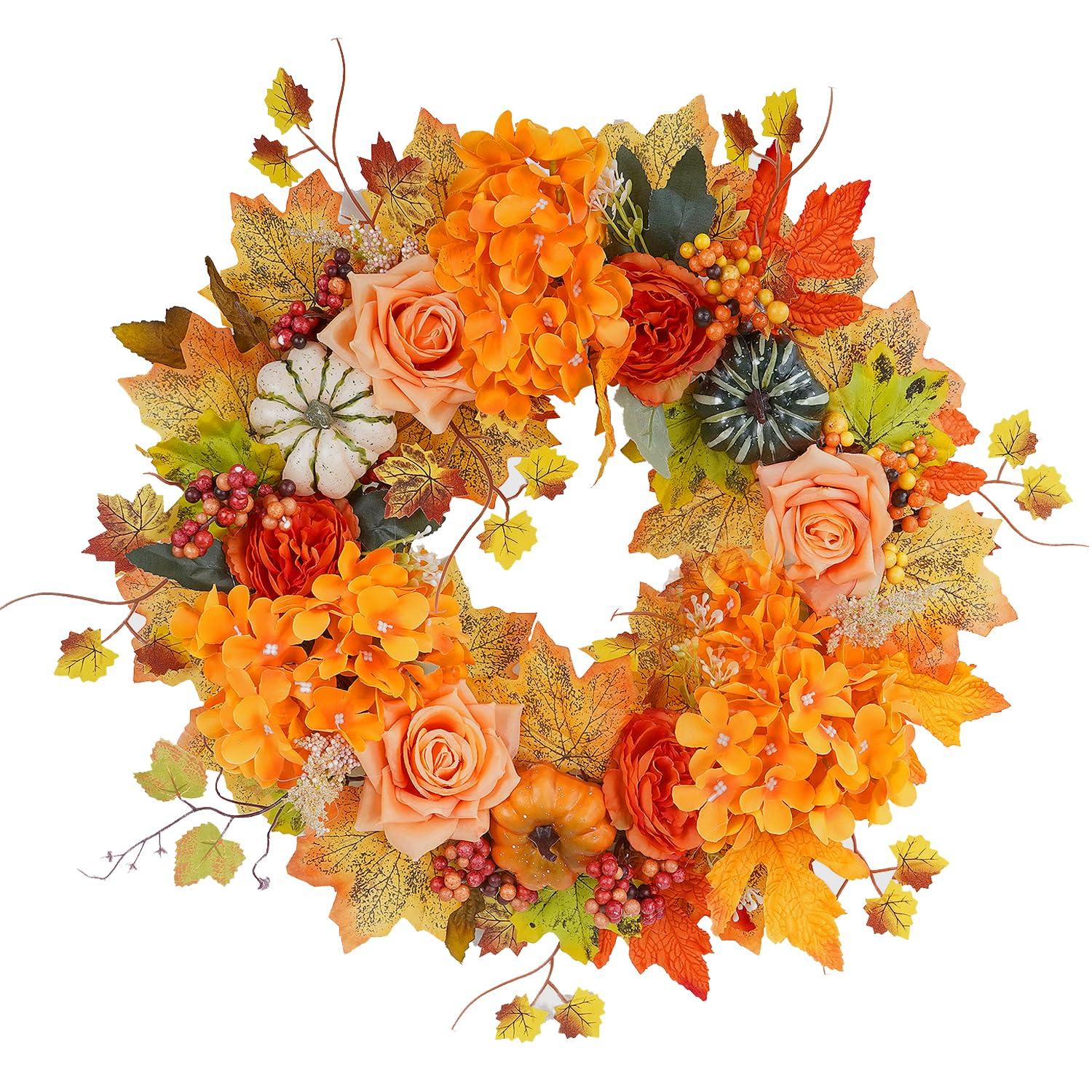 Fall Wreath 20’’ Autumn Front Door Wreath Harvest Wreath with Sunflower Pumpkins Berries Maple Leaves Daisies for Outside Indoor Home Wall Festival Thanksgiving Autumn Farmhouse Decor