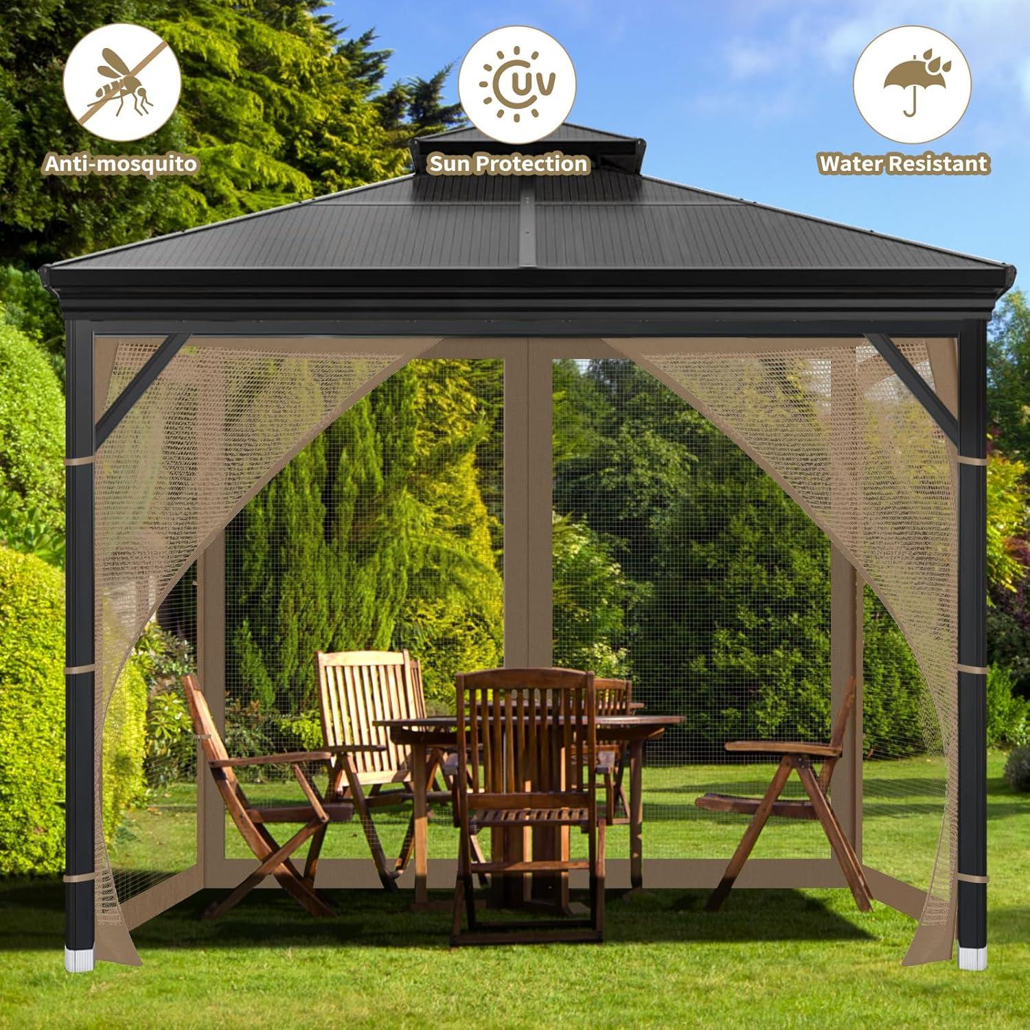 Gazebo Universal Replacement Mosquito Netting, 10'x10' Gazebo Netting Outdoor, 4-Panel Screen Walls for Outdoor Patio with Zipper (Mosquito Net Only) (Brown)