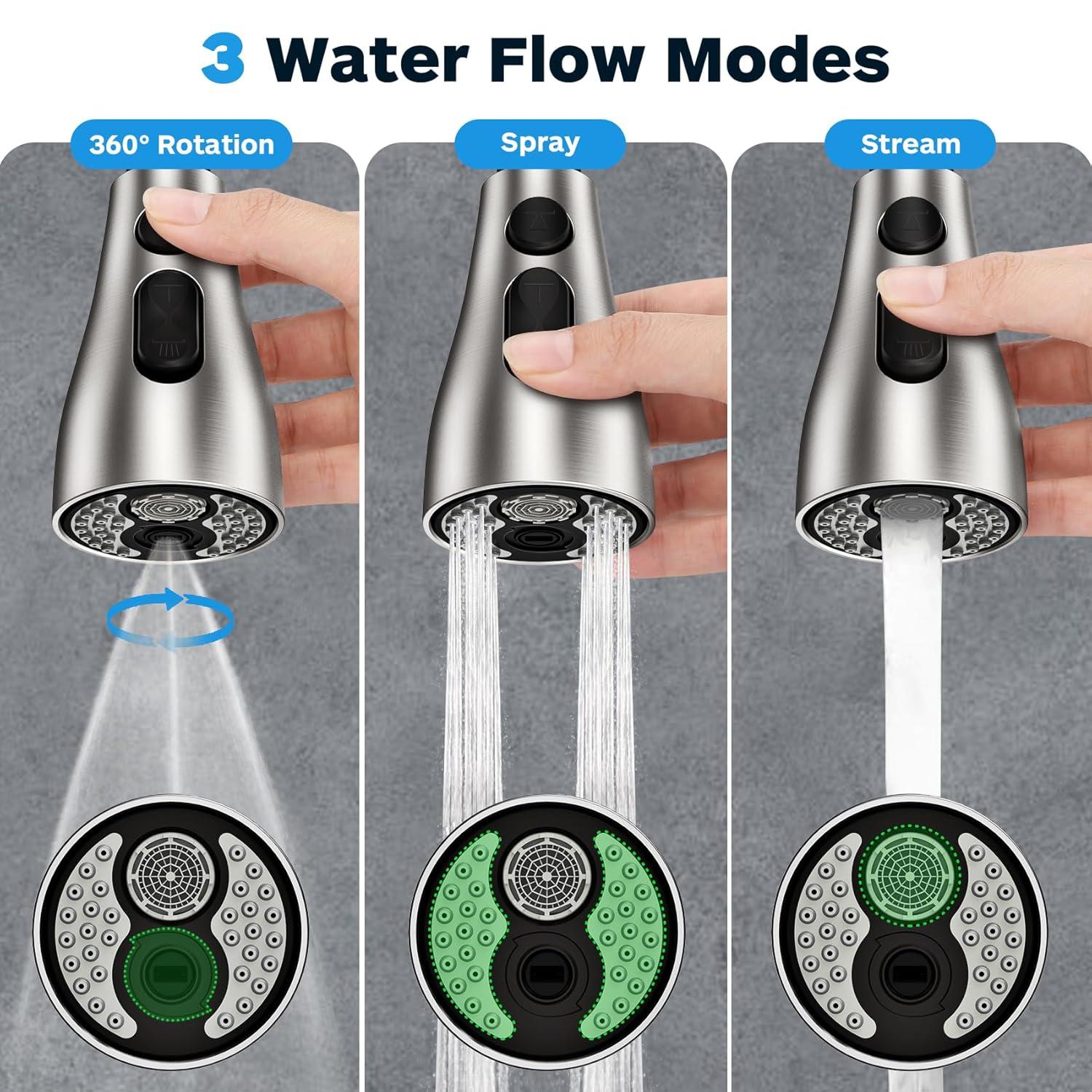 Spring Pull Down Kitchen Faucet Head Replacement for Kitchen Faucet, 3-Modes & 7 Adapters Brushed Nickel Finished