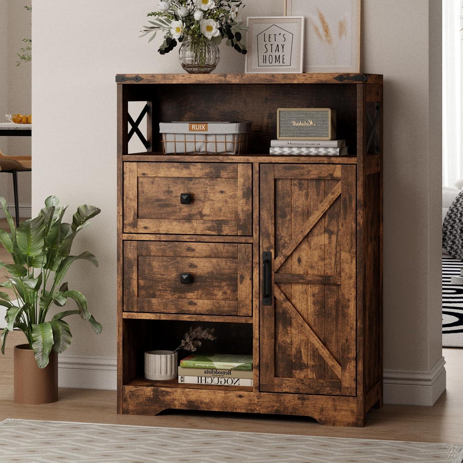 Rustic Brown Wood Living Room Storage Cabinet with Adjustable Shelving