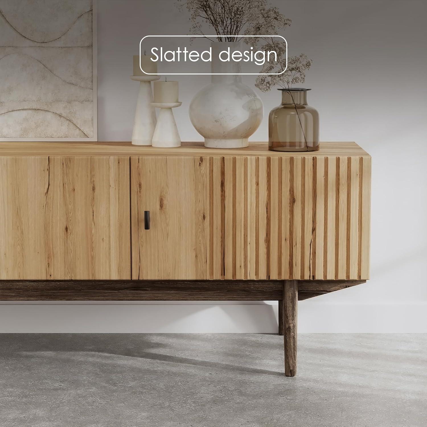 Living Skog  Chelsea Brown TV Stand Fits for TV's up to 65 in. with Slatted Design and Wood Legs light brown Matte Laminate