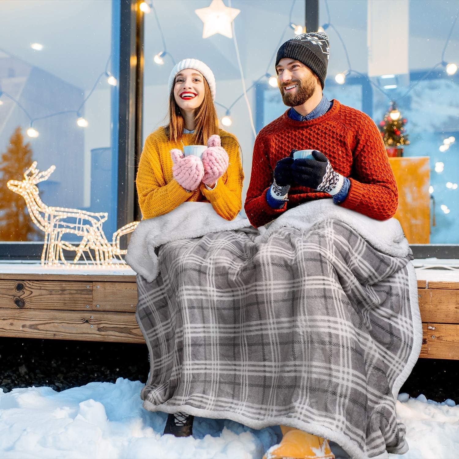 Catalonia Plaid Sherpa Throw Blanket, Holiday Throws for Couch Sofa Cabin Decro, Christmas Blanket