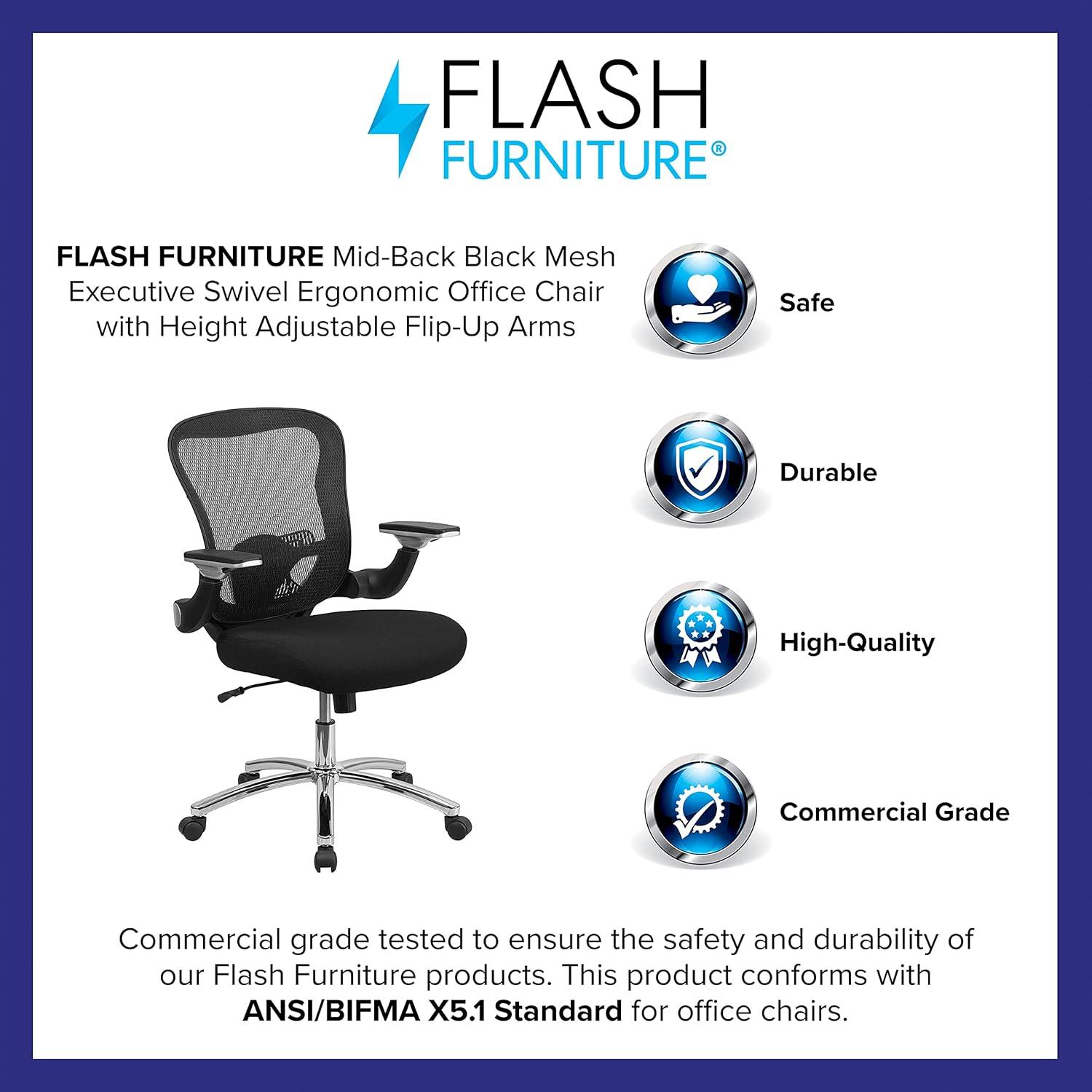 Flash Furniture Sam Mid-Back Black Mesh Executive Swivel Ergonomic Office Chair with Height Adjustable Flip-Up Arms