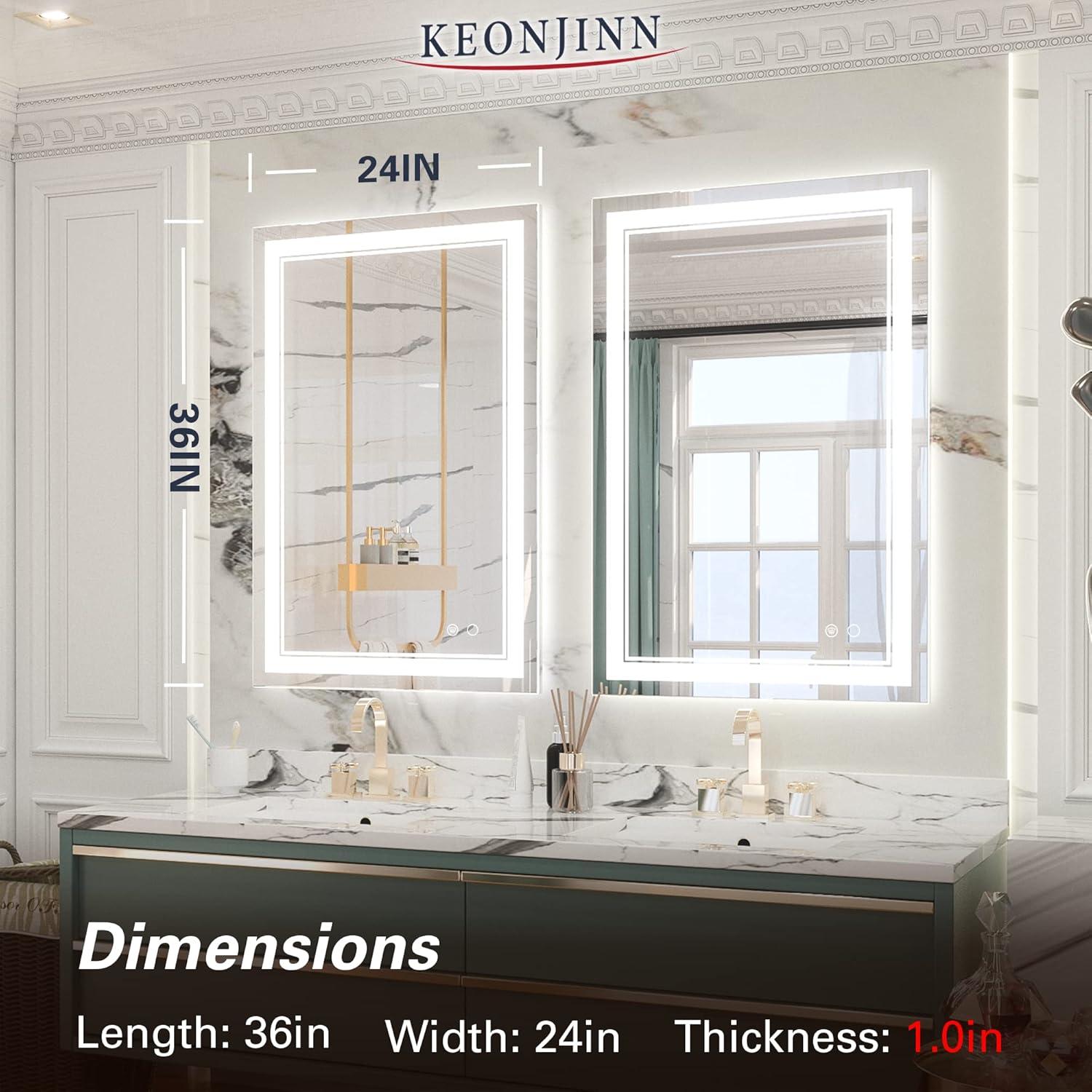 Keonjinn LED Bathroom Vanity Mirror, Front Light & Backlit, 3 Color Temperatures, Anti Fog, Double Lights Strips, 24"x32"