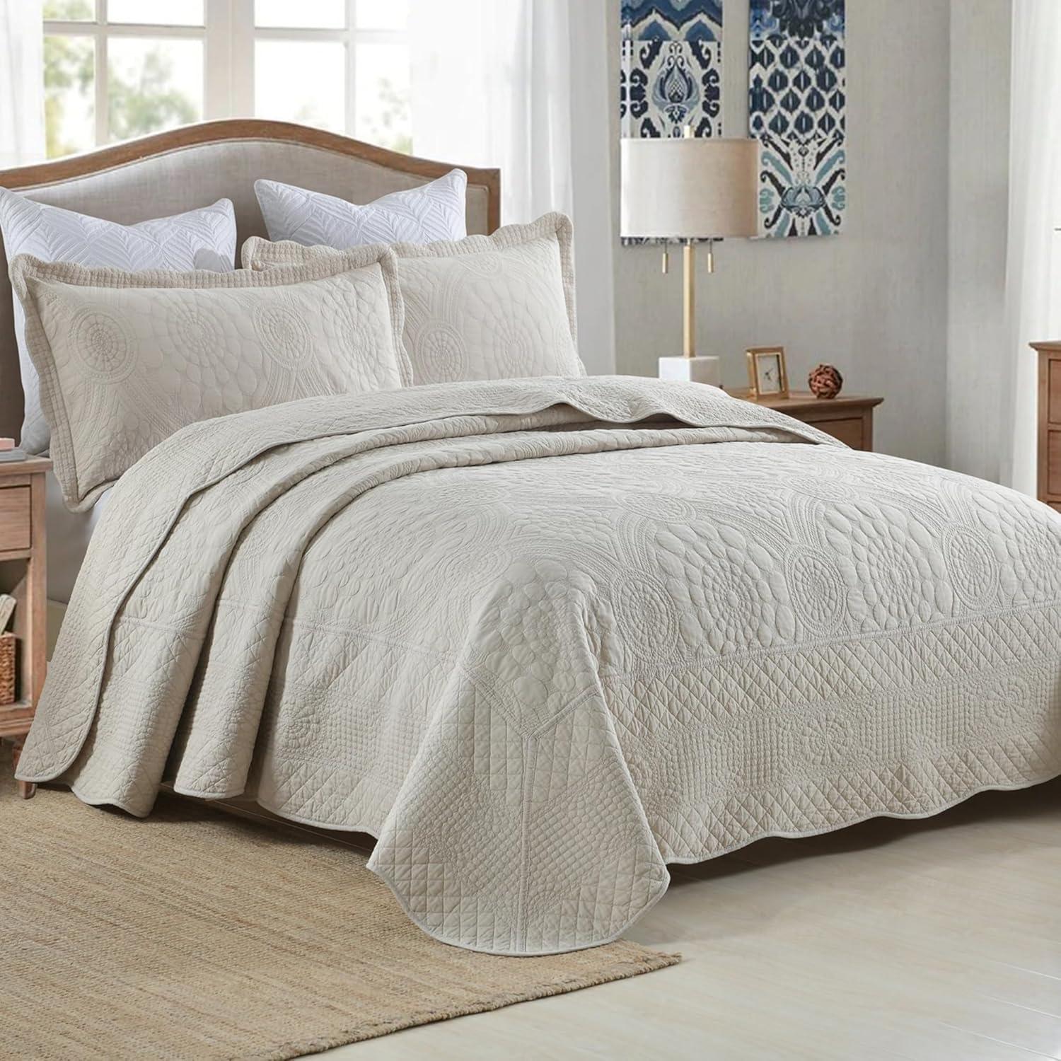 MarCielo  3Pcs 100% Cotton Oversized Quilt Bedspread Coverlet Set TF Elegant Beige - Oversized King