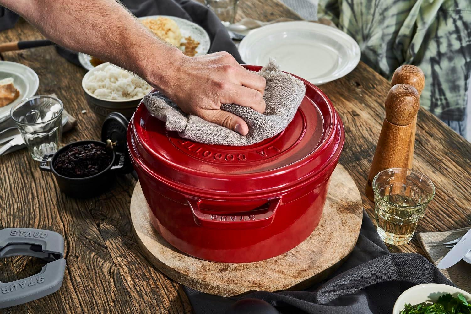 Staub Cast Iron Round Cocotte, Dutch Oven, 7-quart, serves 7-8, Made in France, Cherry