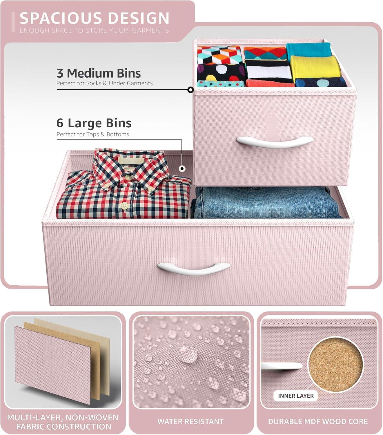 Pink 9-Drawer Fabric Storage Dresser with Steel Frame