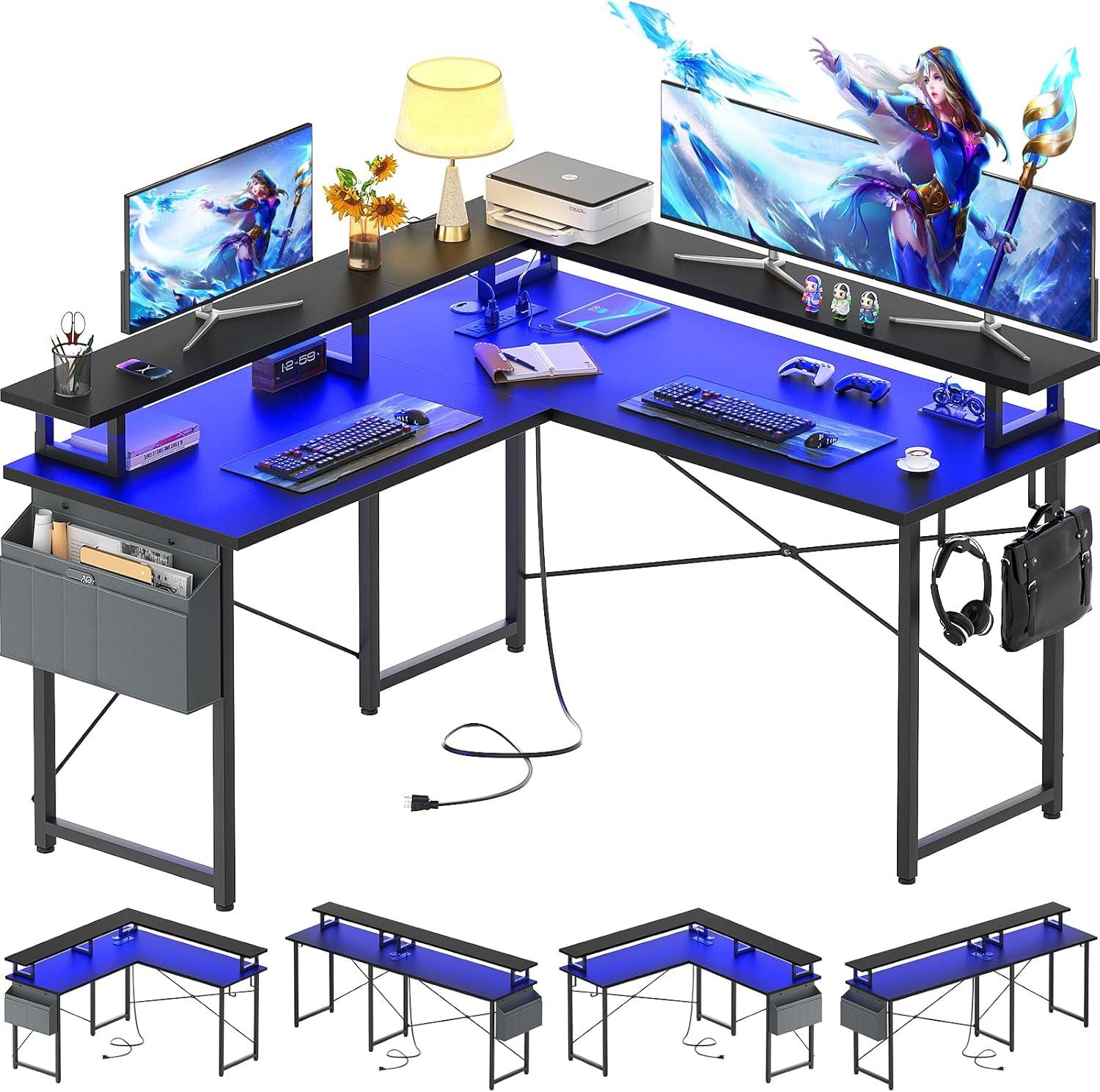 Black L-Shaped Gaming Desk with Power Outlets and Storage