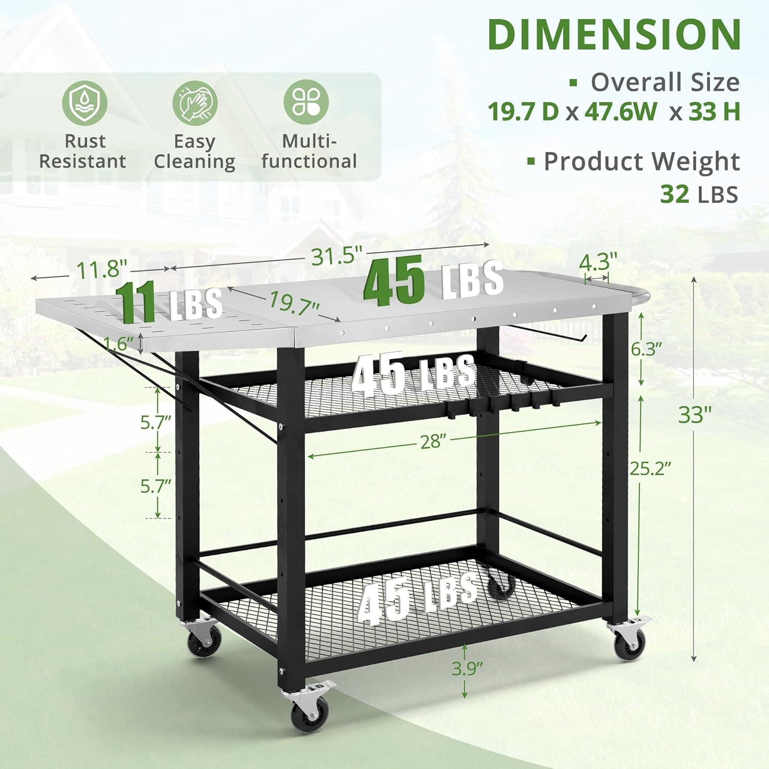 Black 3-Tier Stainless Steel Outdoor Grill Cart with Wheels