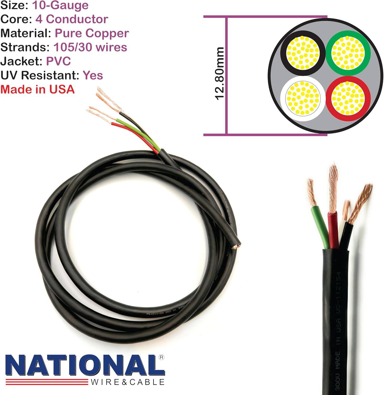 NATIONAL Wire&Cable - Premium Electrical Wire - 10 Gauge 4 Conductors - 100Ft - Made in USA