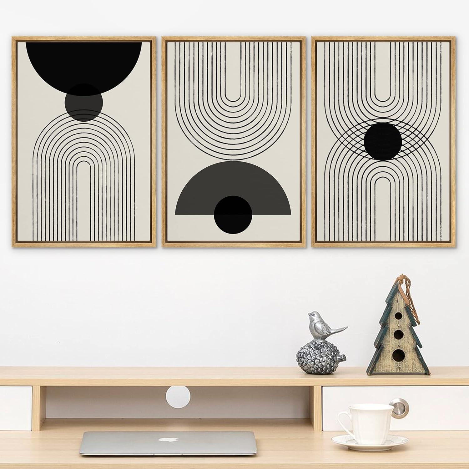 Mid-Century Modern Black And White Minimalist Abstract Home Decor Framed Wall Art Work Canvas Print