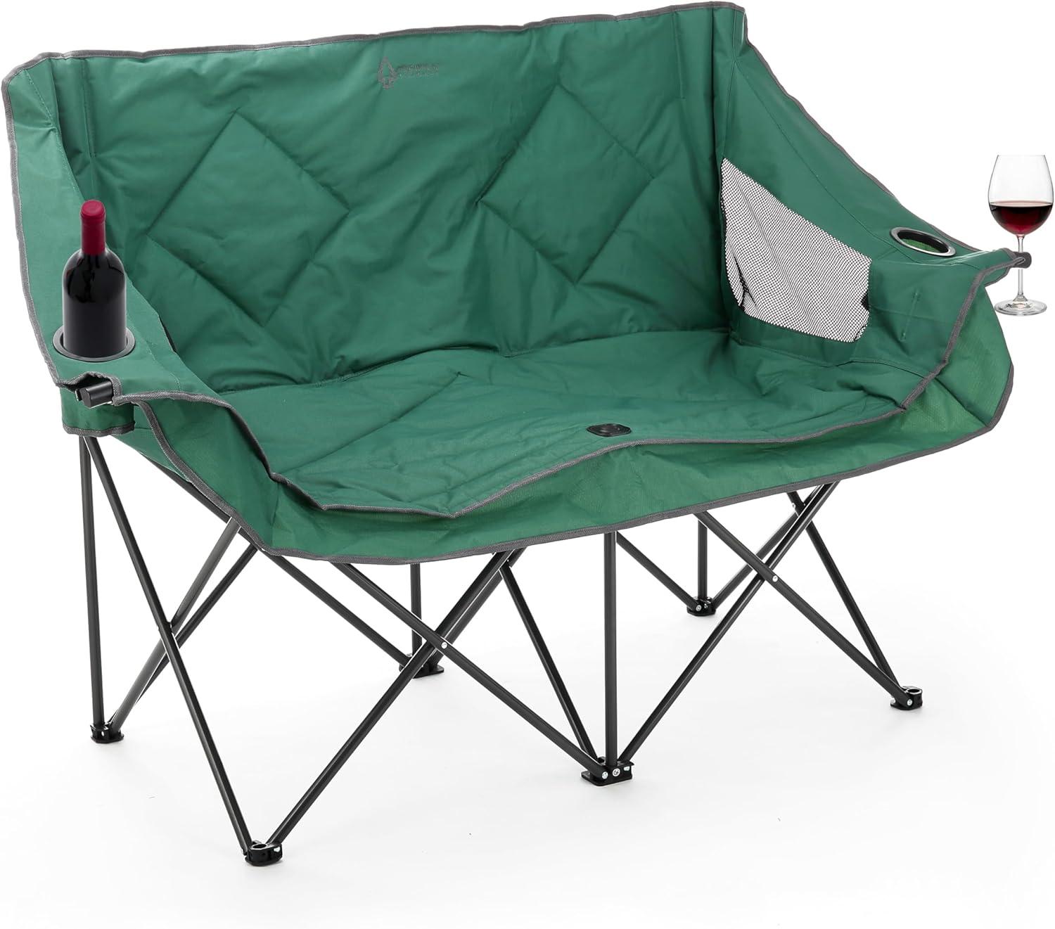 Arrowhead Outdoor Portable Folding Double Duo Camping Chair Loveseat Couch w/ 2 Cup & Wine Glass Holder, Supports up to 500lbs (Forest Green)