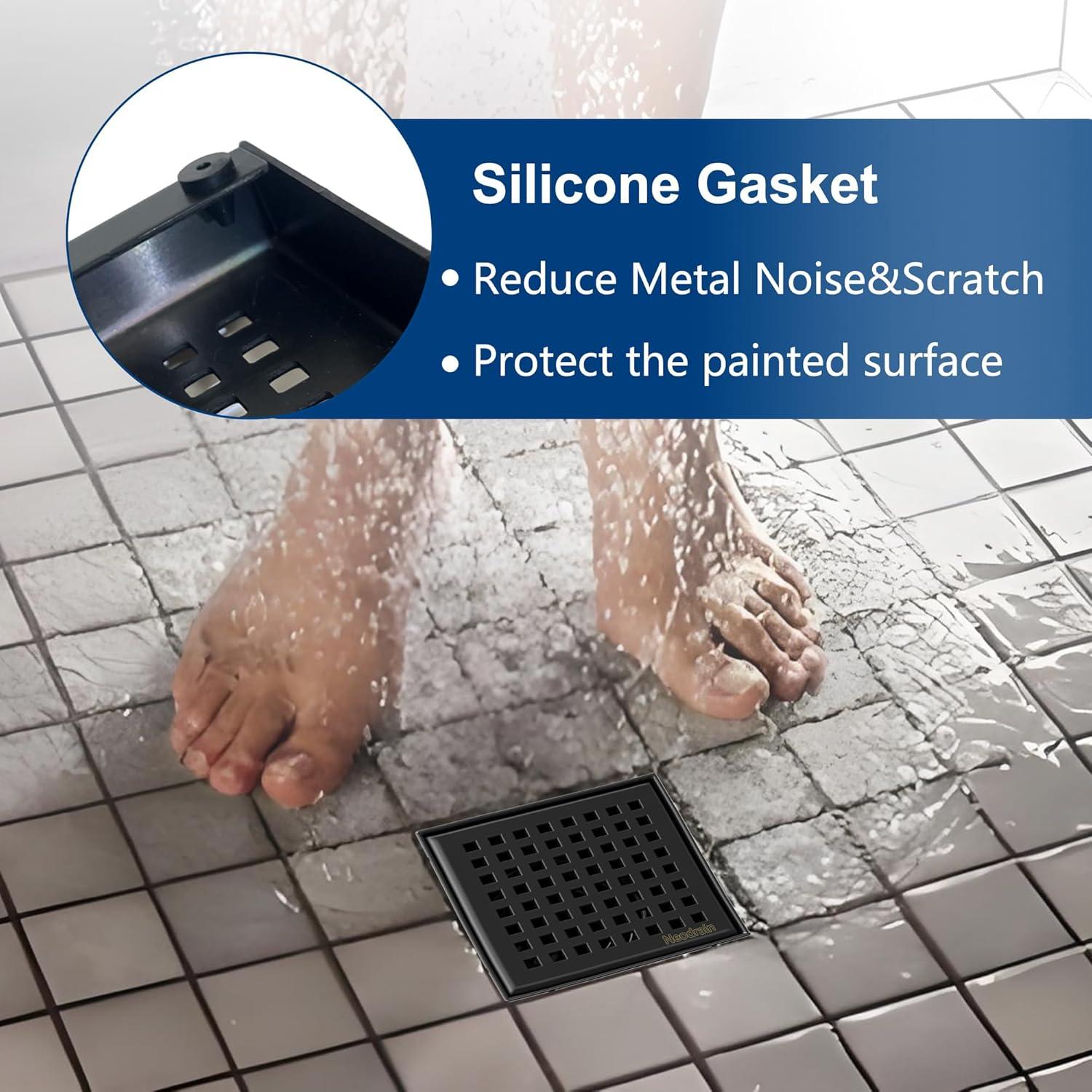 Neodrain 6-Inch Square Shower Drain with Removable Quadrato Pattern Grate,Brushed 304 Stainless Steel, with Watermark&CUPC Certified,Black