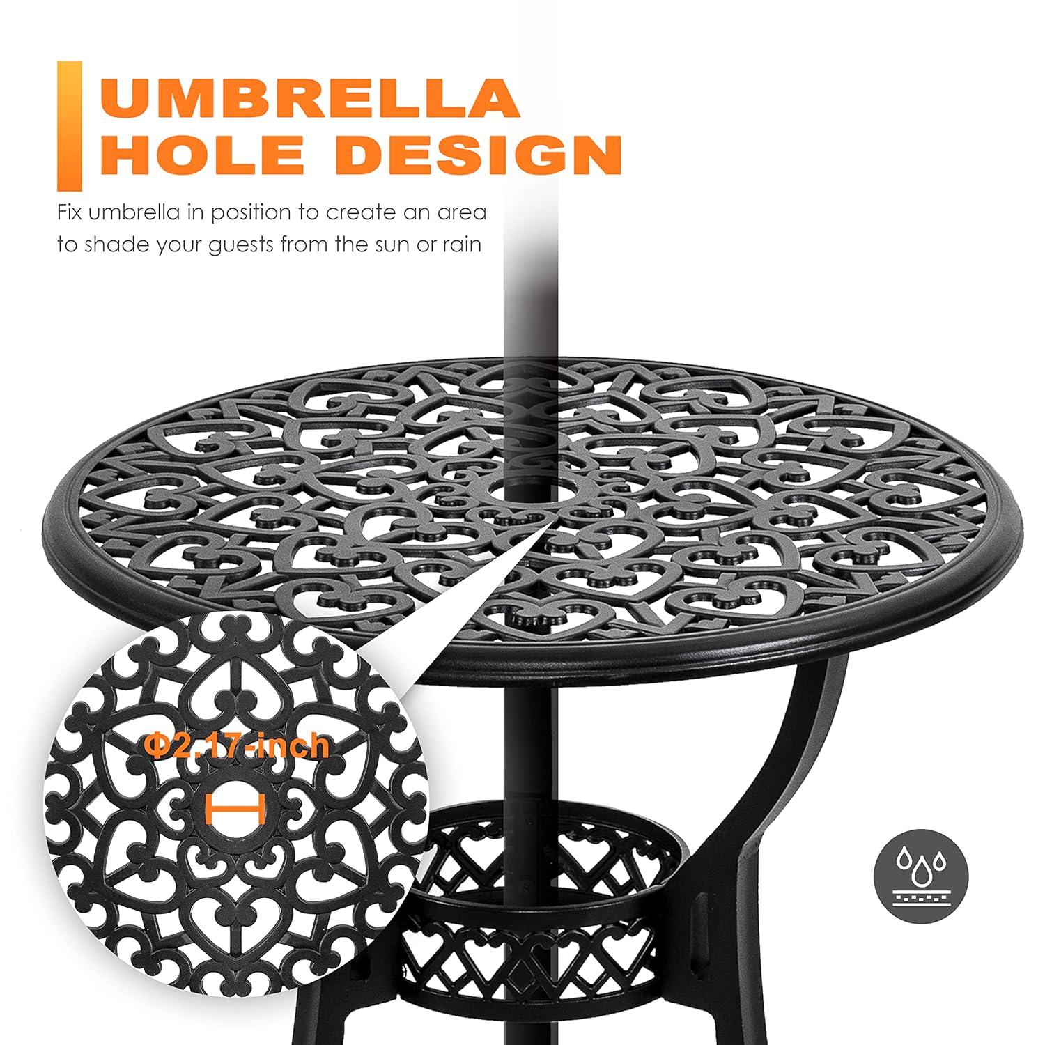 Nuu Garden 3 Piece Cast Aluminum Outdoor Bistro Set, Patio Bistro Set with Cushions and Umbrella Hole Rust-Resistant Outdoor Dining Set, Black&Green