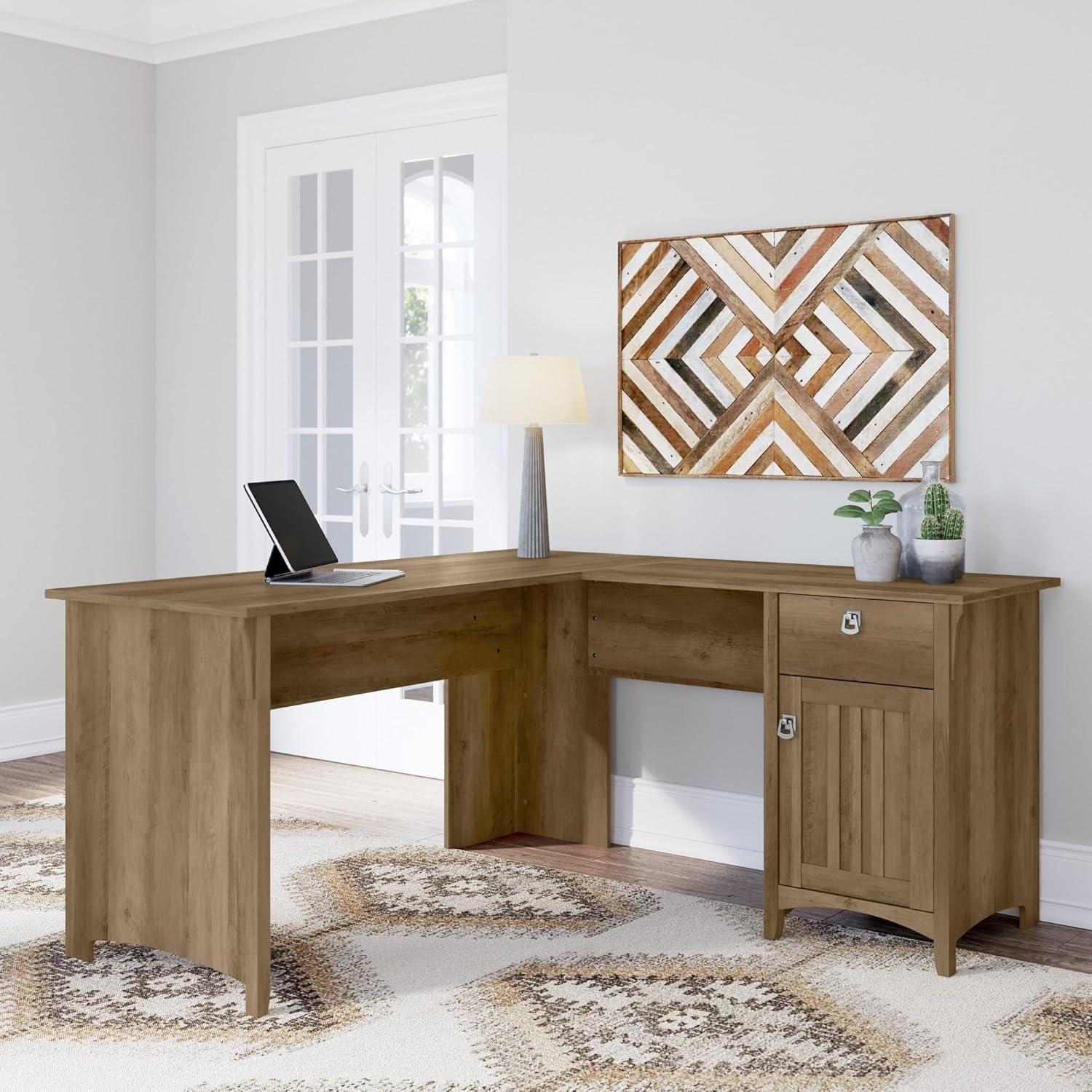 Bush Furniture Salinas 60" L Shaped Desk with Storage, Reclaimed Pine