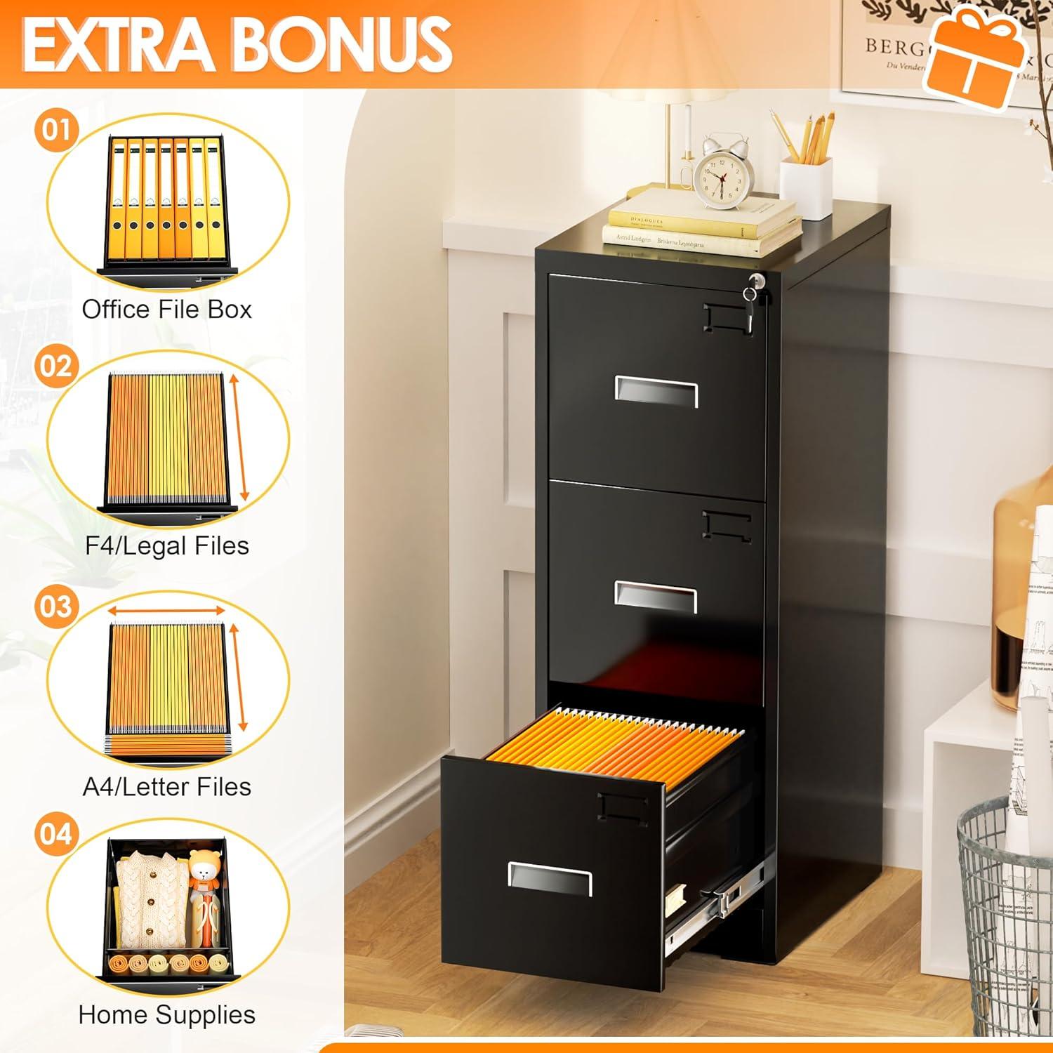 3 Drawer Mobile/Vertical File Cabinet for Home Office Black-15'' W