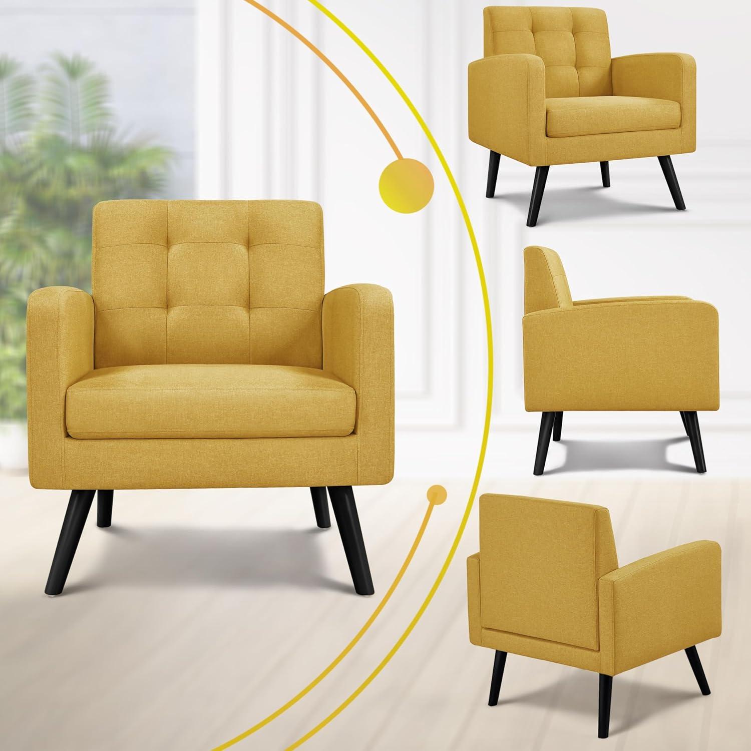Yaheetech Set of 2 Mid Century Tufted Back Accent Arm Chair with Rubberwood Legs, Yellow