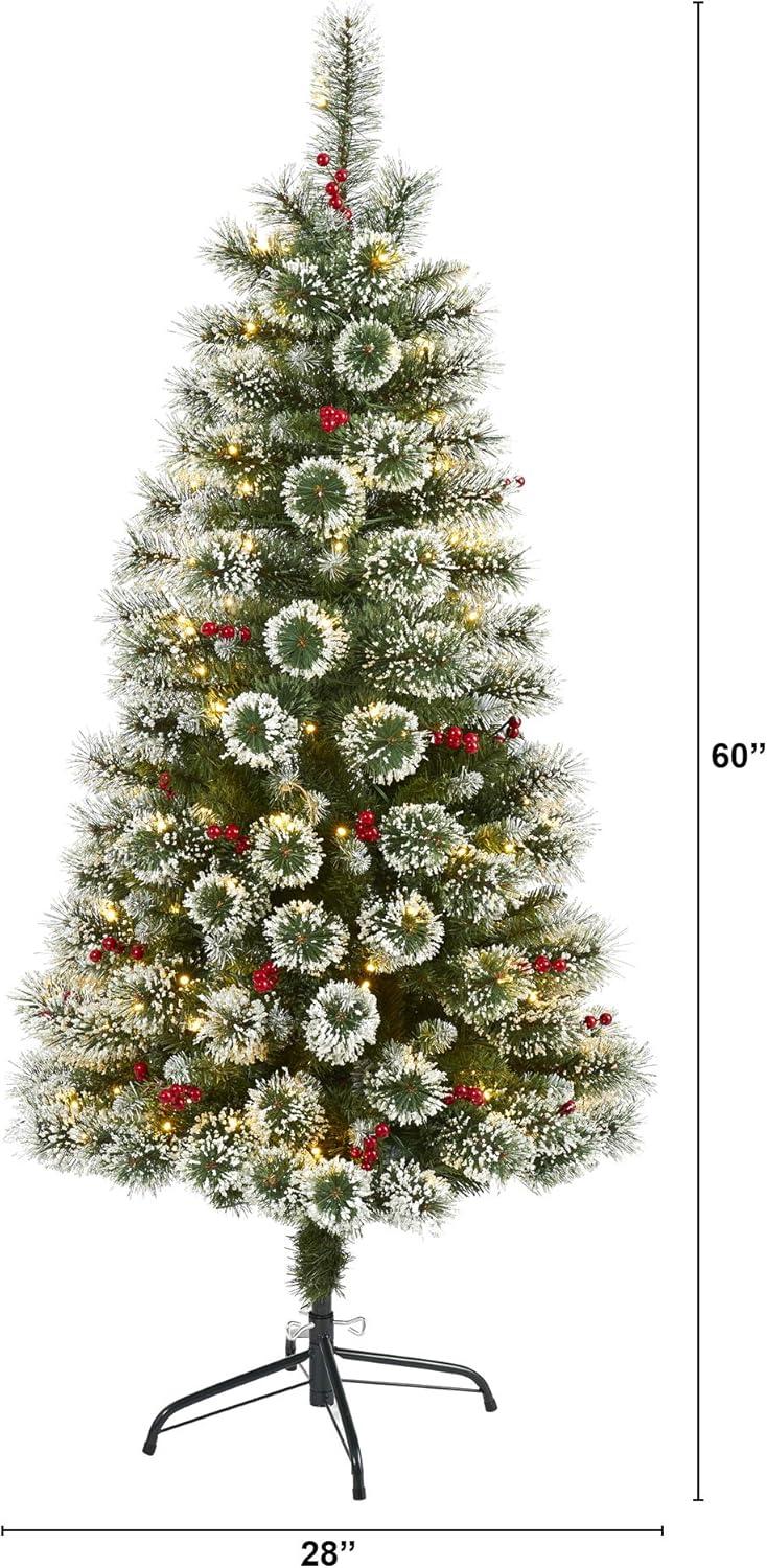 5ft Frosted Pine Artificial Christmas Tree with LED Lights and Berries