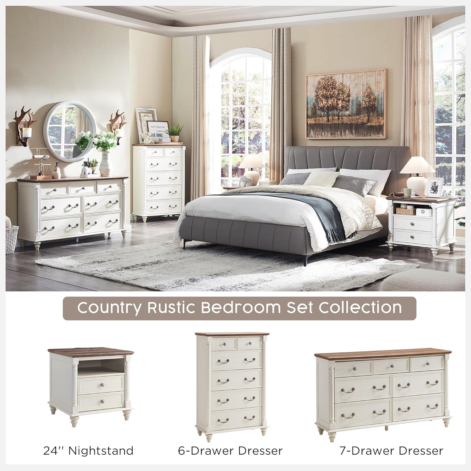 OKD Rushville Farmhouse 2 - Drawers Nightstand with Charging Station, Tall Rustic Wood Square End Table with Open Shelf