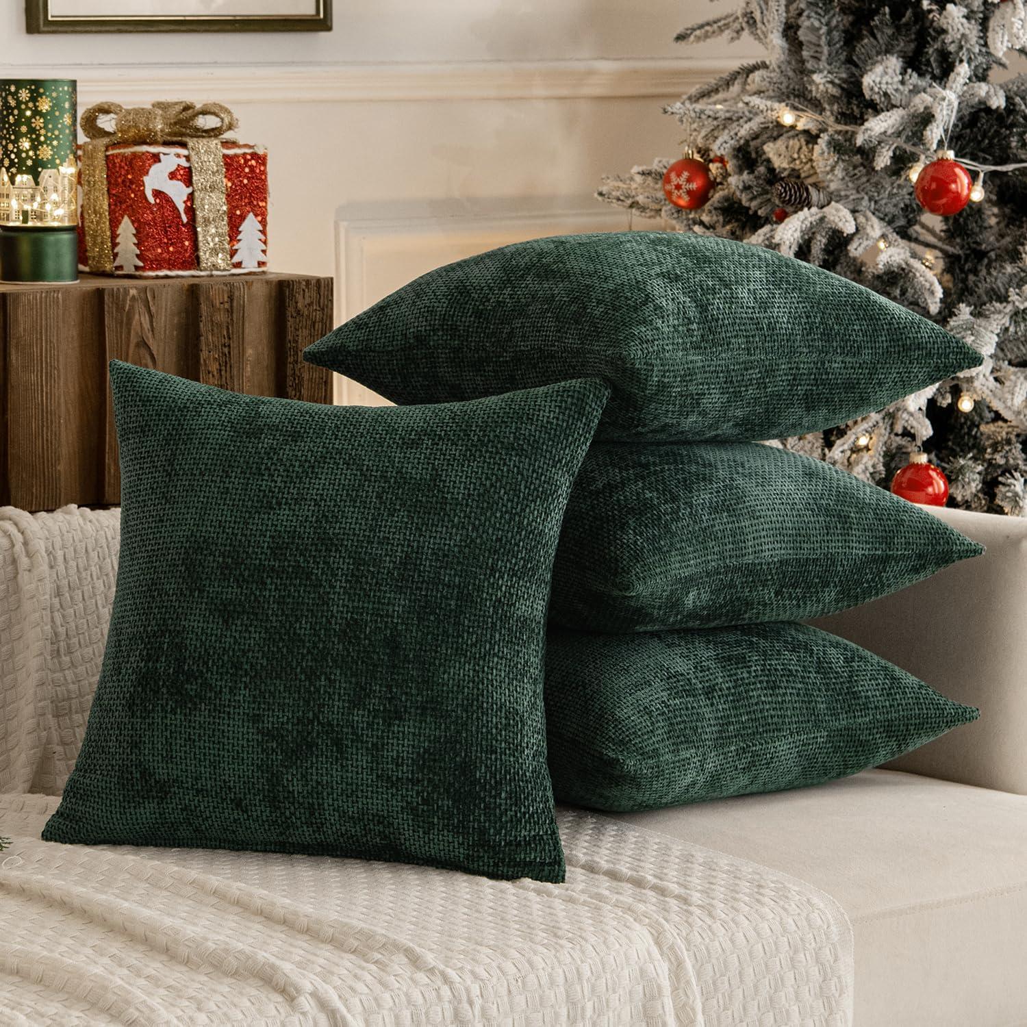 Green Chenille 18x18 Inch Decorative Pillow Covers, Pack of 2