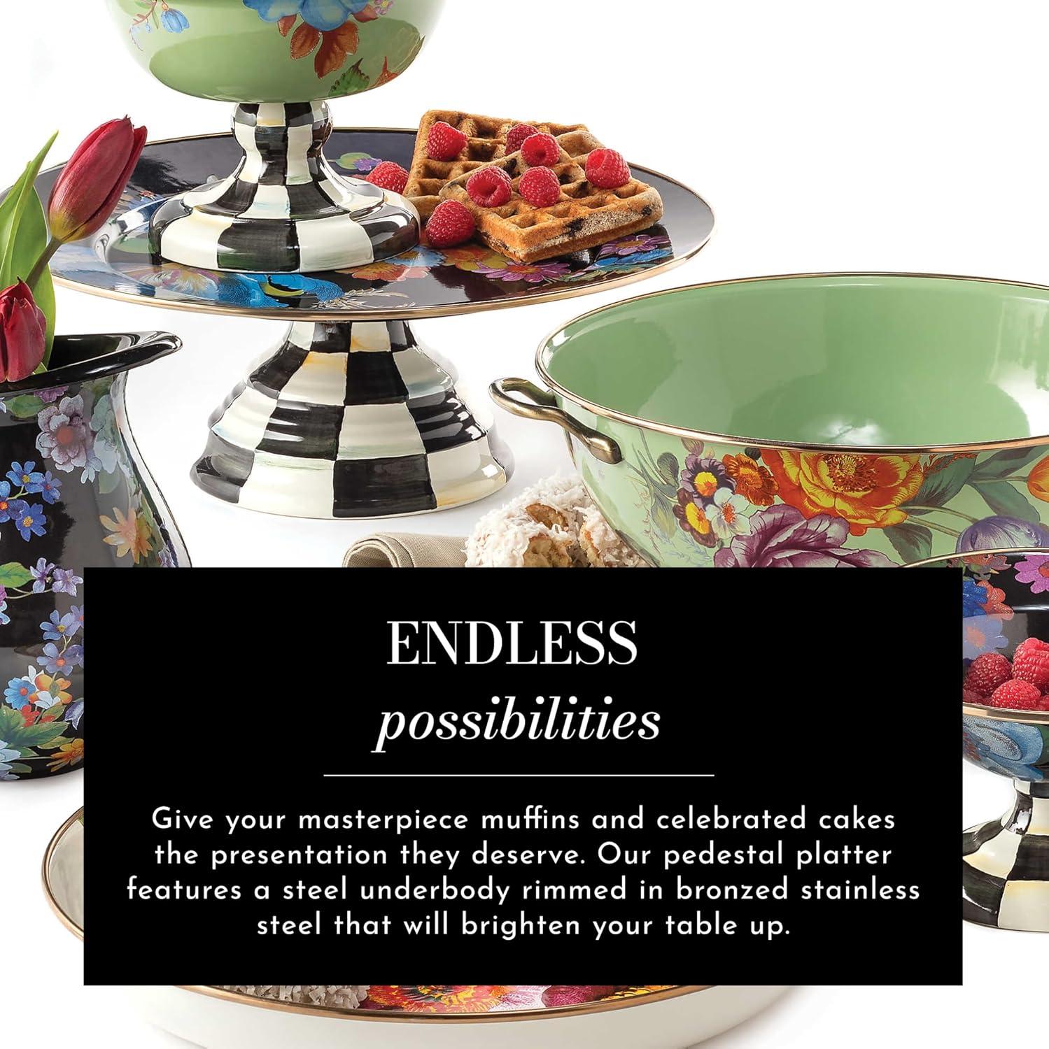 Black Floral Ceramic Pedestal Cake Stand with Checkered Base