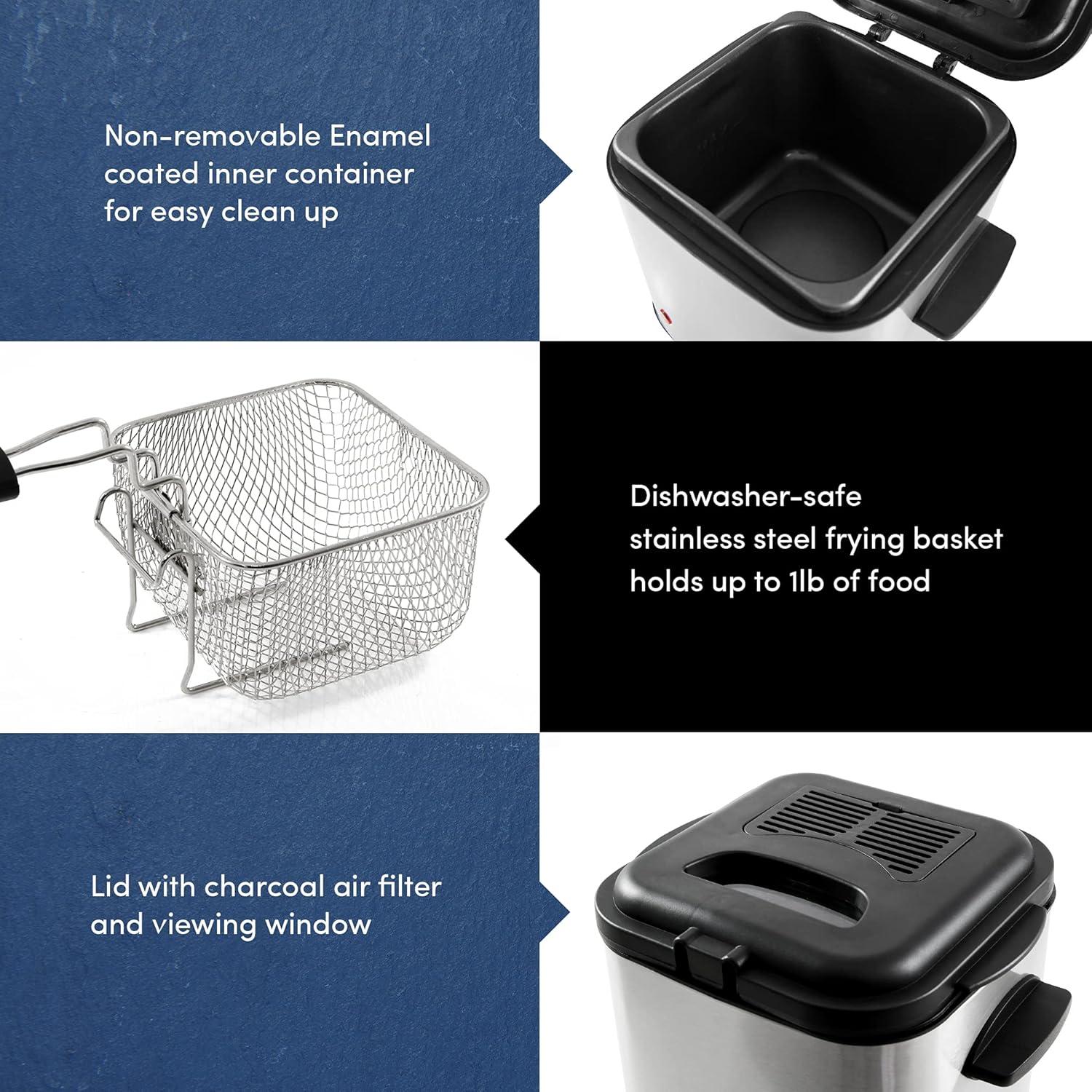 Elite Gourmet 1.5 qt 800W Electric Deep Fryer, Stainless Steel