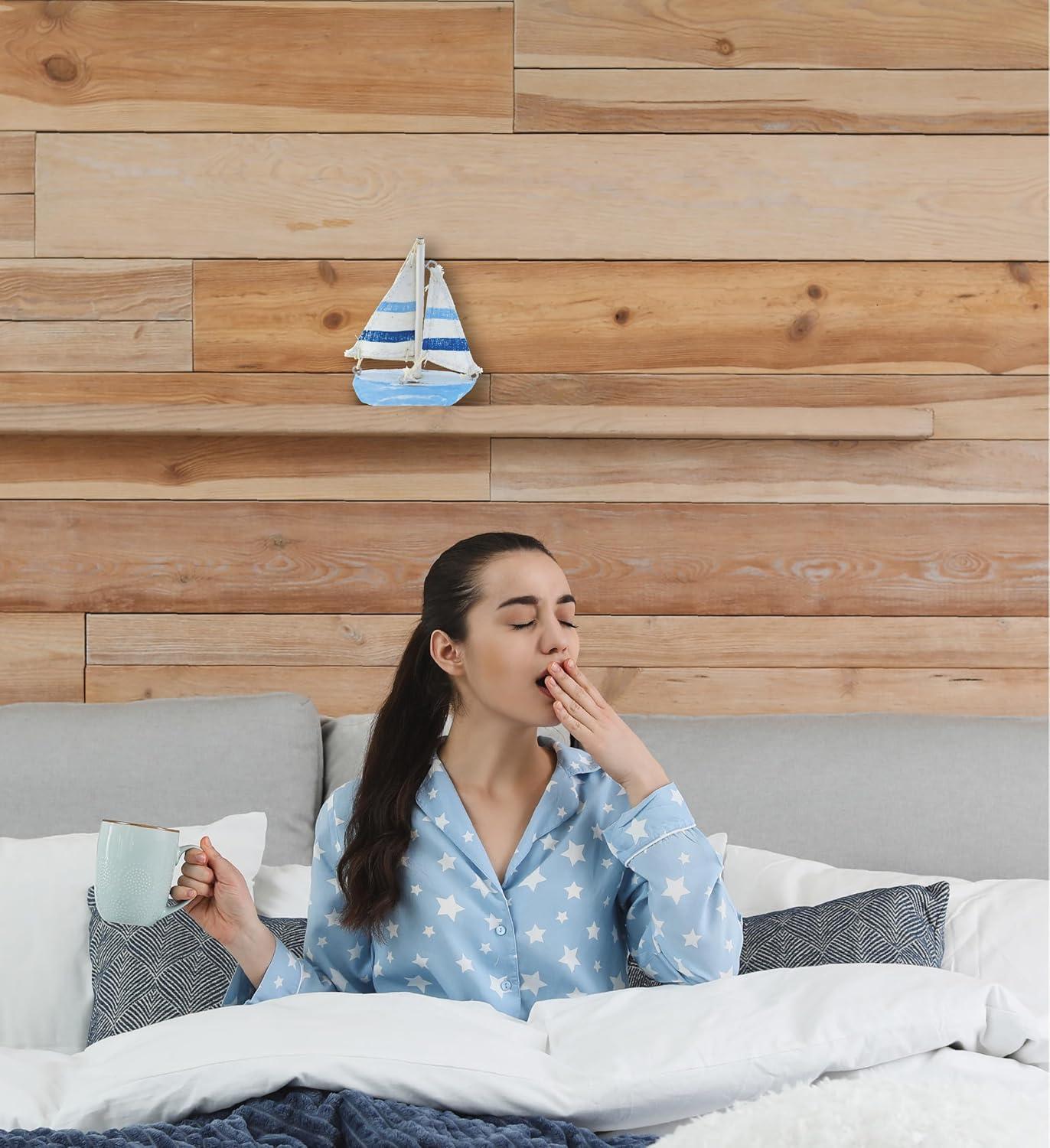 COTA Global Light Blue Stripes Sailboat Extra Small Decor – Handmade Wooden Boat Decor, Cute Beach Style Sail Boat Table Top Decor Living Room Centerpiece – 4.75 Inches