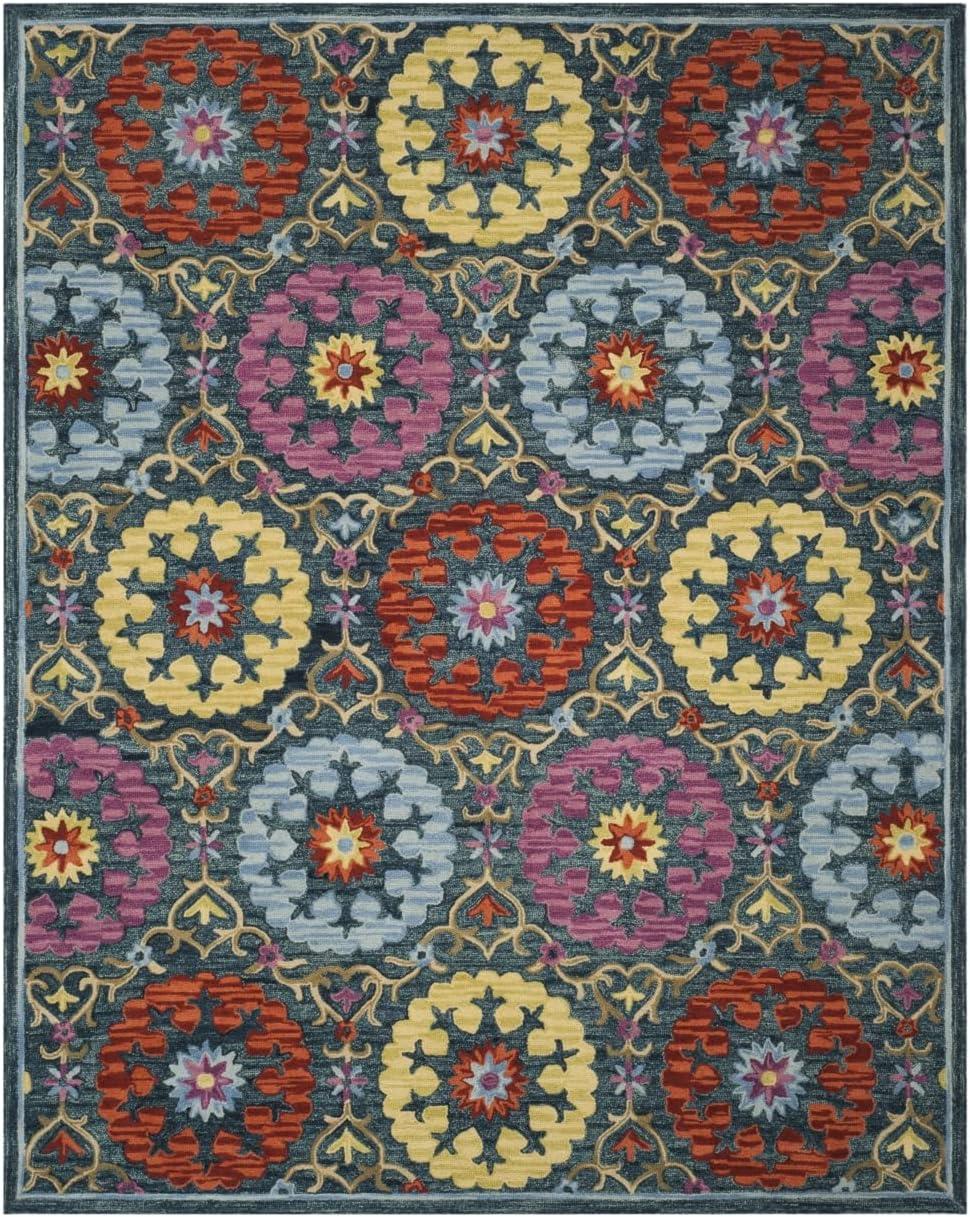 Handmade Blue Floral Wool 8' x 10' Rug