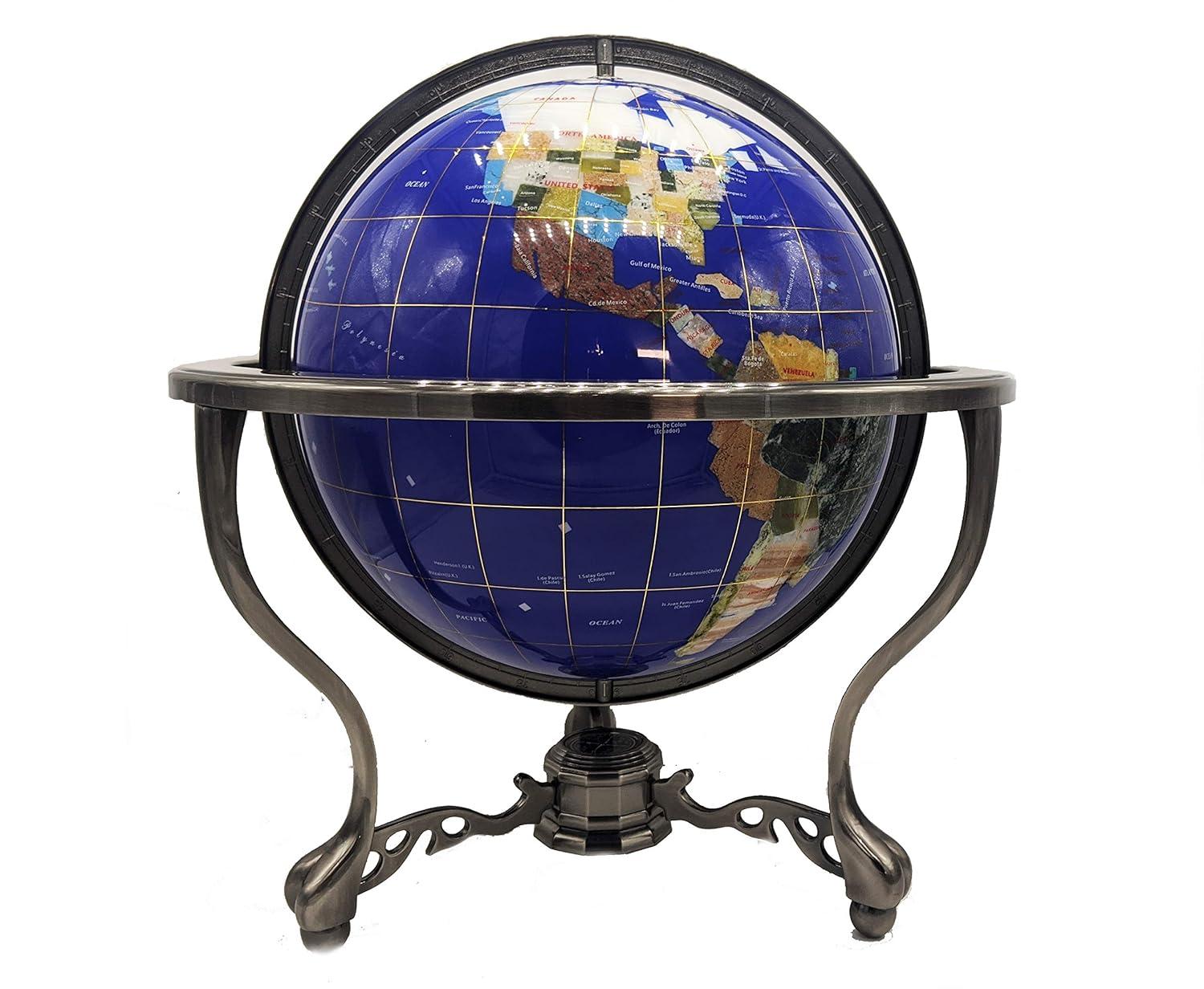 Unique Art 21-Inch Tall Blue Lapis Ocean Table Top Gemstone World Globe with Tripod Silver Stand w 50 US ST Stones