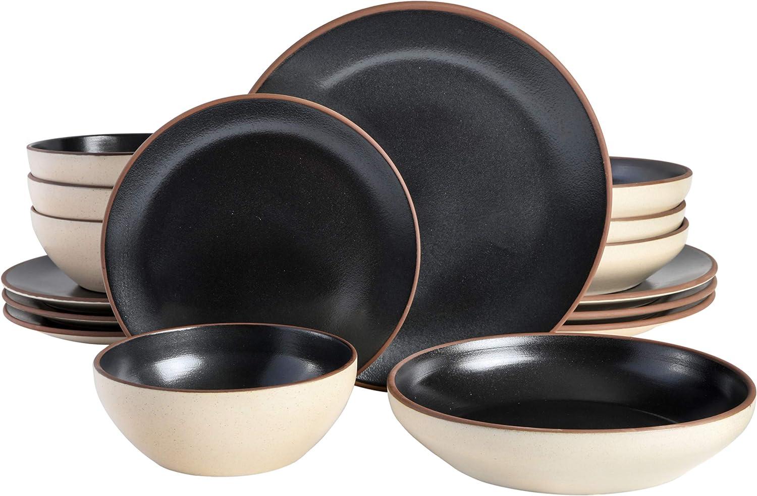 Black and Beige Ceramic 16-Piece Dinnerware Set, Service for 4