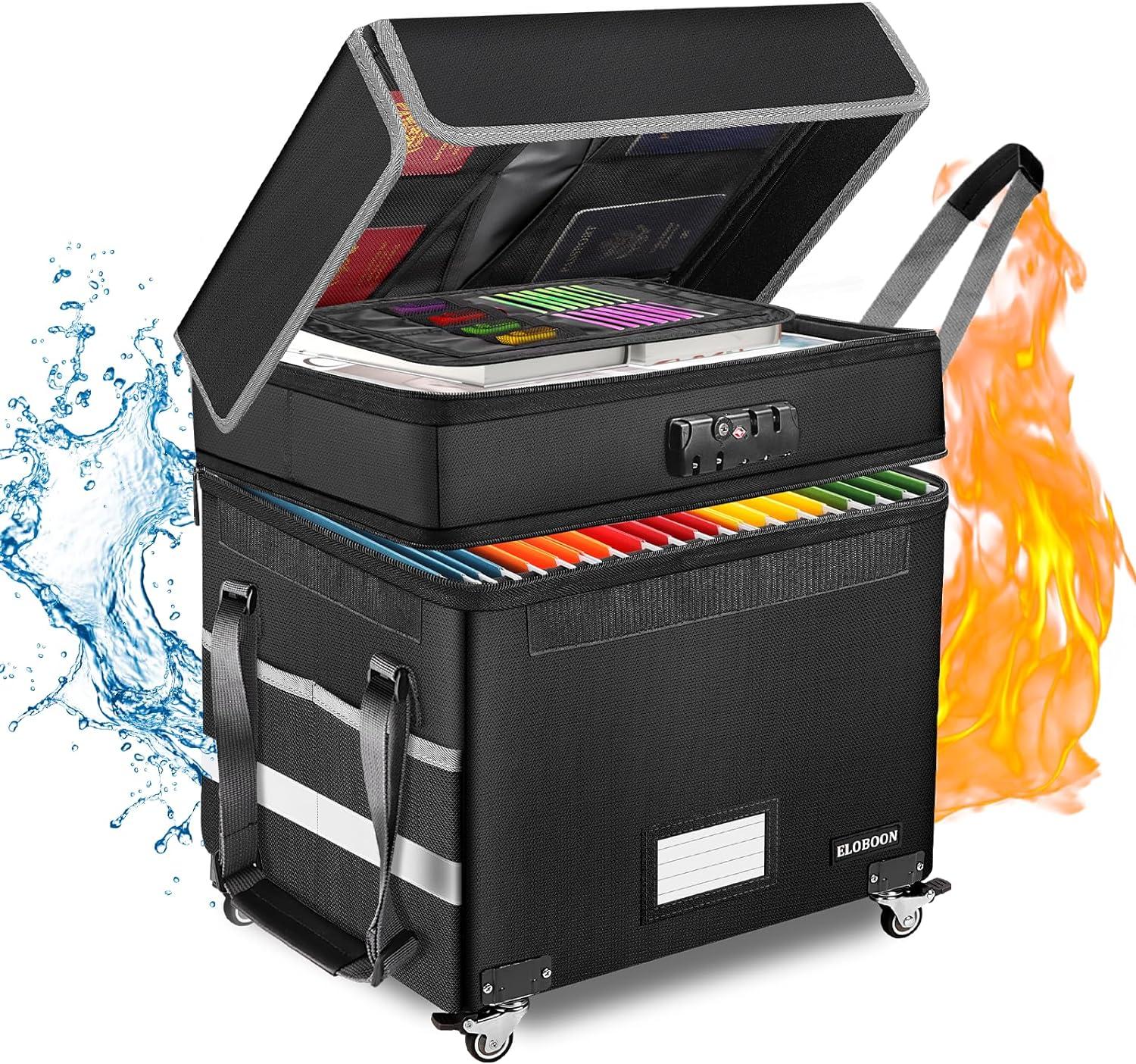 Collapsible File Organizer Box with Lock, Fireproof Document Box on Wheels, Rolling File Cabinet for Hanging Letter/Legal Folders, Black