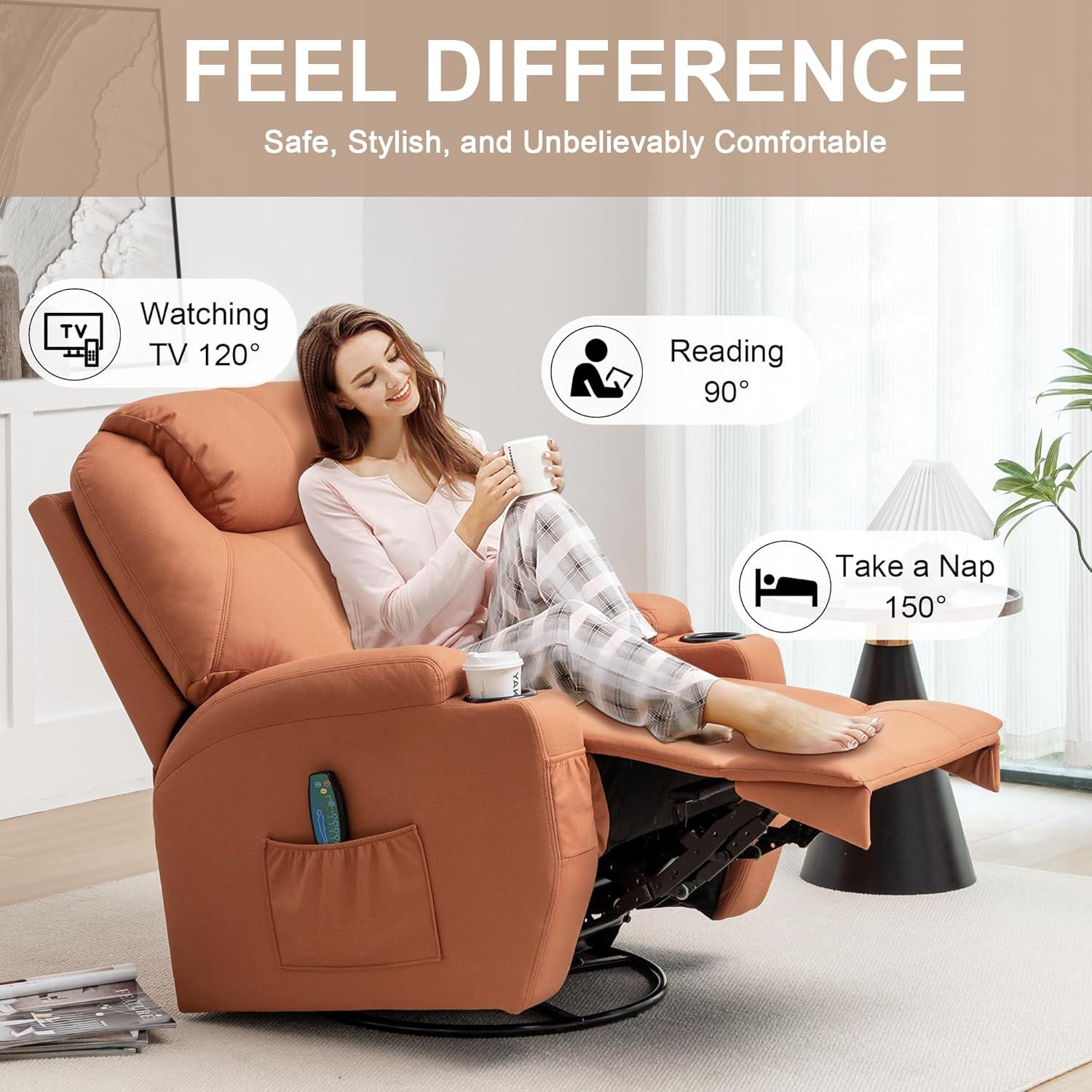 Recliner Chair, Rocking Chair with Massage and Heat, 360° Swivel Recliner Chairs for Adults, Rocker Manual Recliner with Remote Control and Cup Holder for Living Room