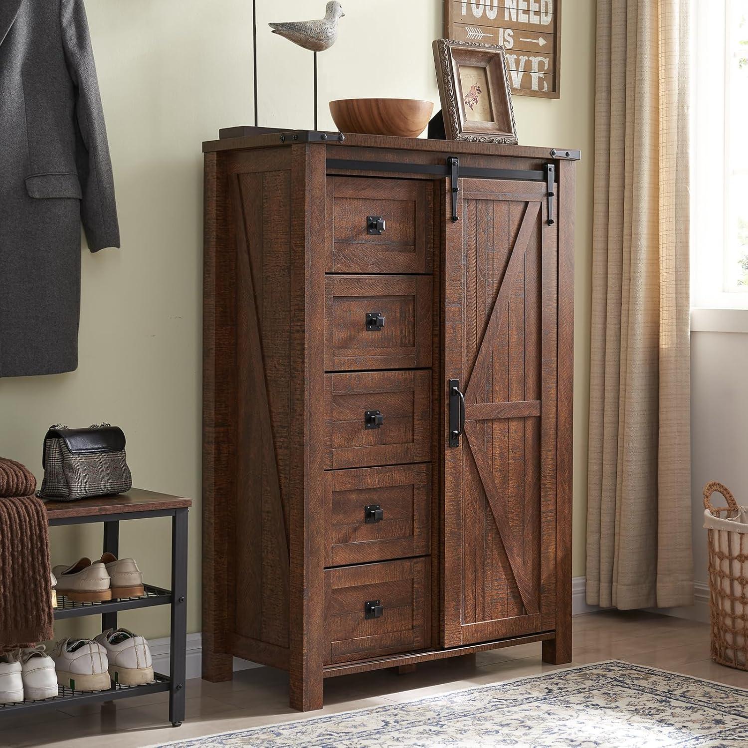 Reclaimed Barnwood Farmhouse 5-Drawer Dresser with Sliding Barn Door