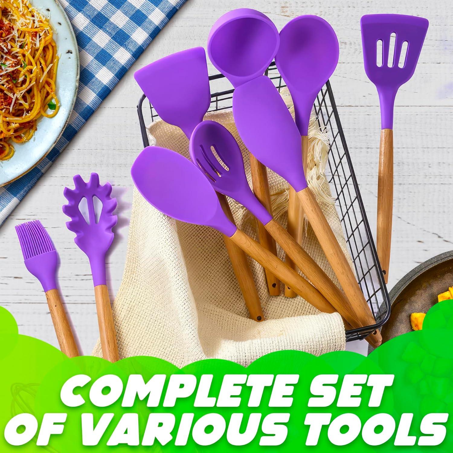 Silicone Cooking Utensils Set, KOSIY 12PCS Kitchen Utensils w/ Holder Wood Handle Non-Stick, Purple