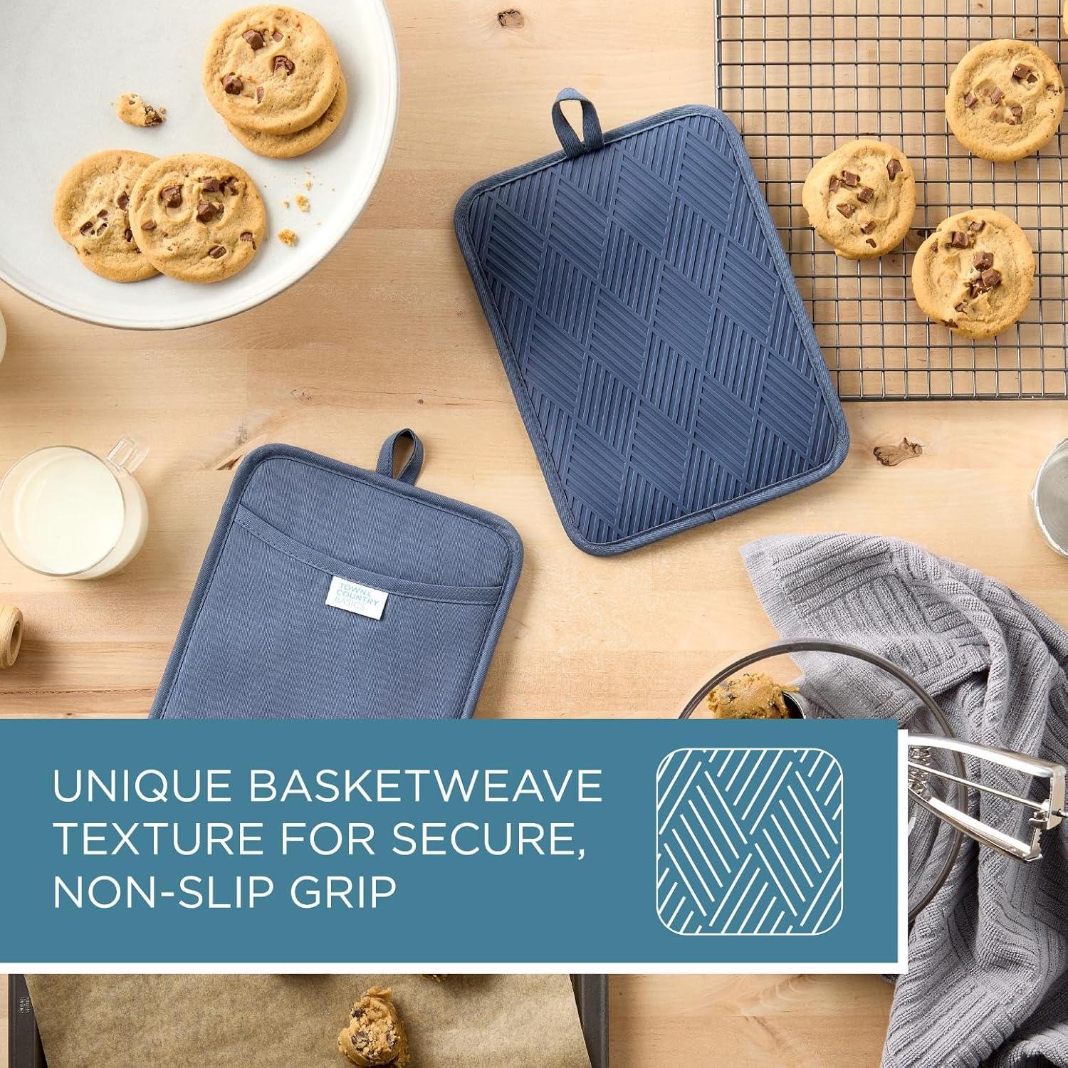 TOWN & COUNTRY BASICS Basketweave Soft Silicone Pot Holder 2-Pack Set, Heat Resistant up to 500F, Flexible Silicone, Non-Slip Grip, Blue, 7.5"x10"