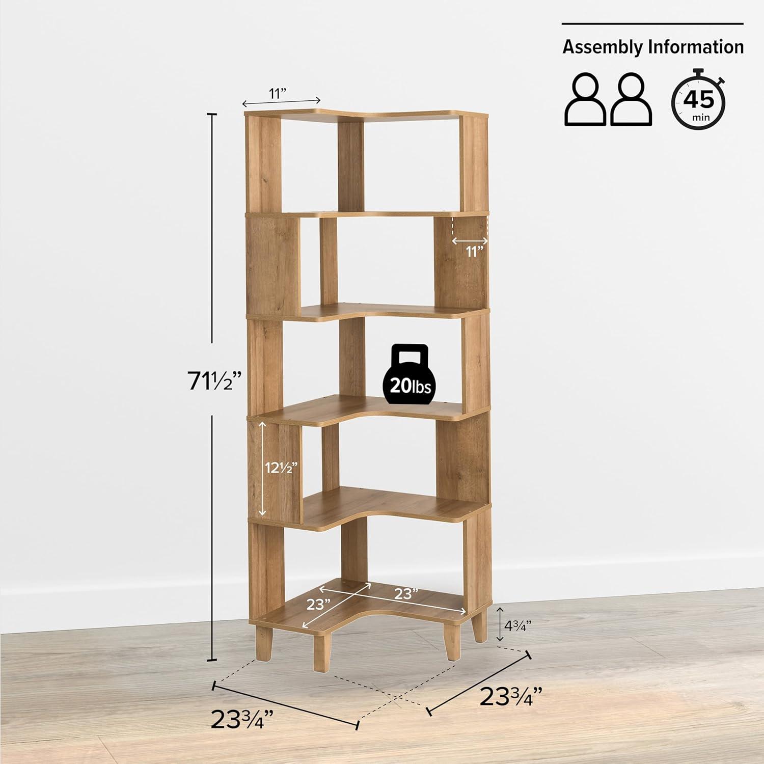 Natural Oak 6-Tier Corner Wood Bookcase with Open Back