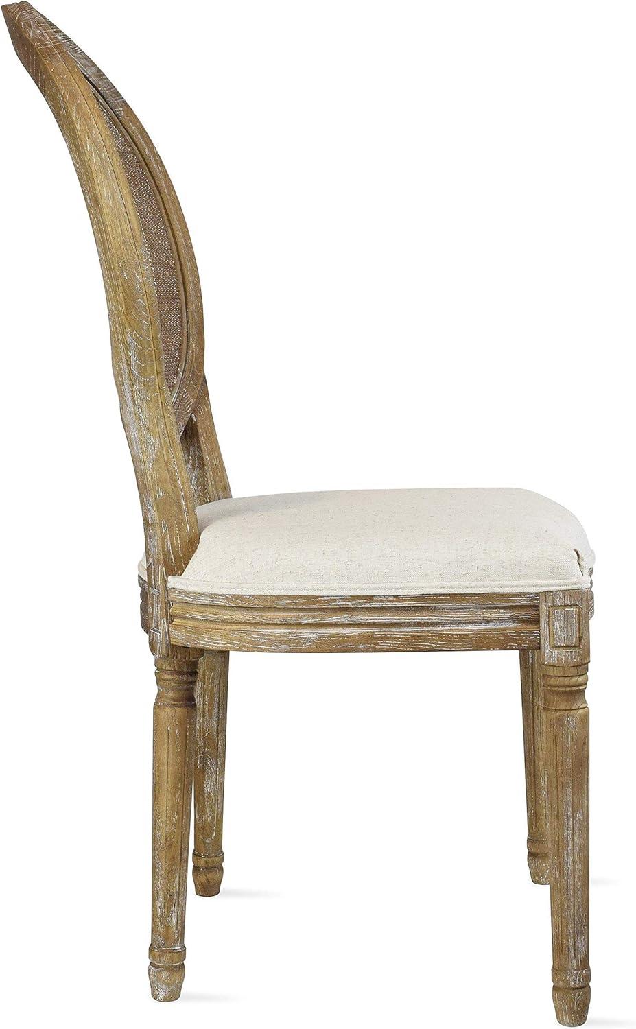 2xhome - French Chic Vintage Style Dining Side Chair With Upholstered Linen Welted Fabric And Elegant Natural Rustic Wood Frame - Rattan Wicker Oval Back, Set of 1, 1 piece