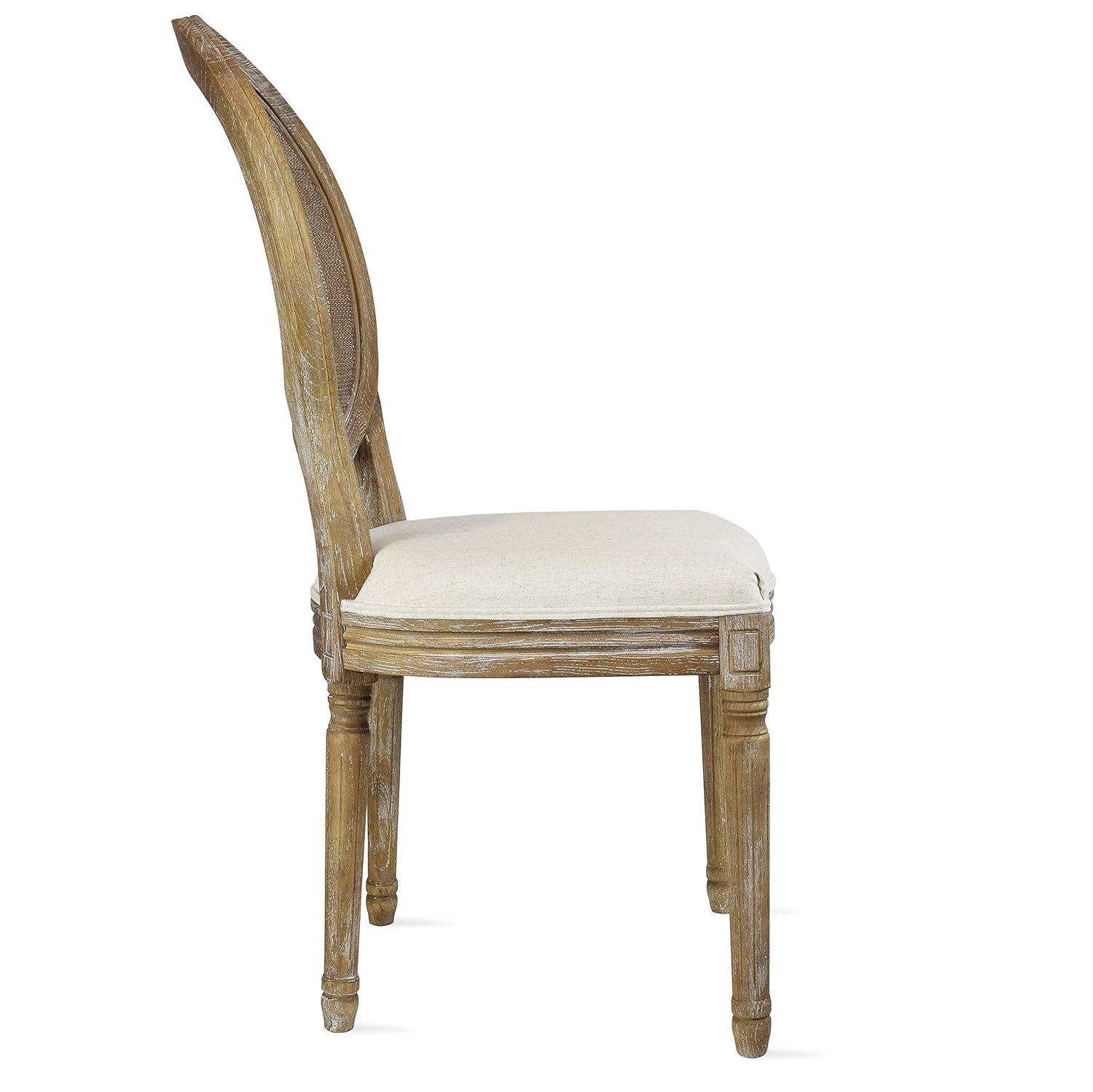 2xhome - French Chic Vintage Style Dining Side Chair With Upholstered Linen Welted Fabric And Elegant Natural Rustic Wood Frame - Rattan Wicker Oval Back, Set of 1, 1 piece