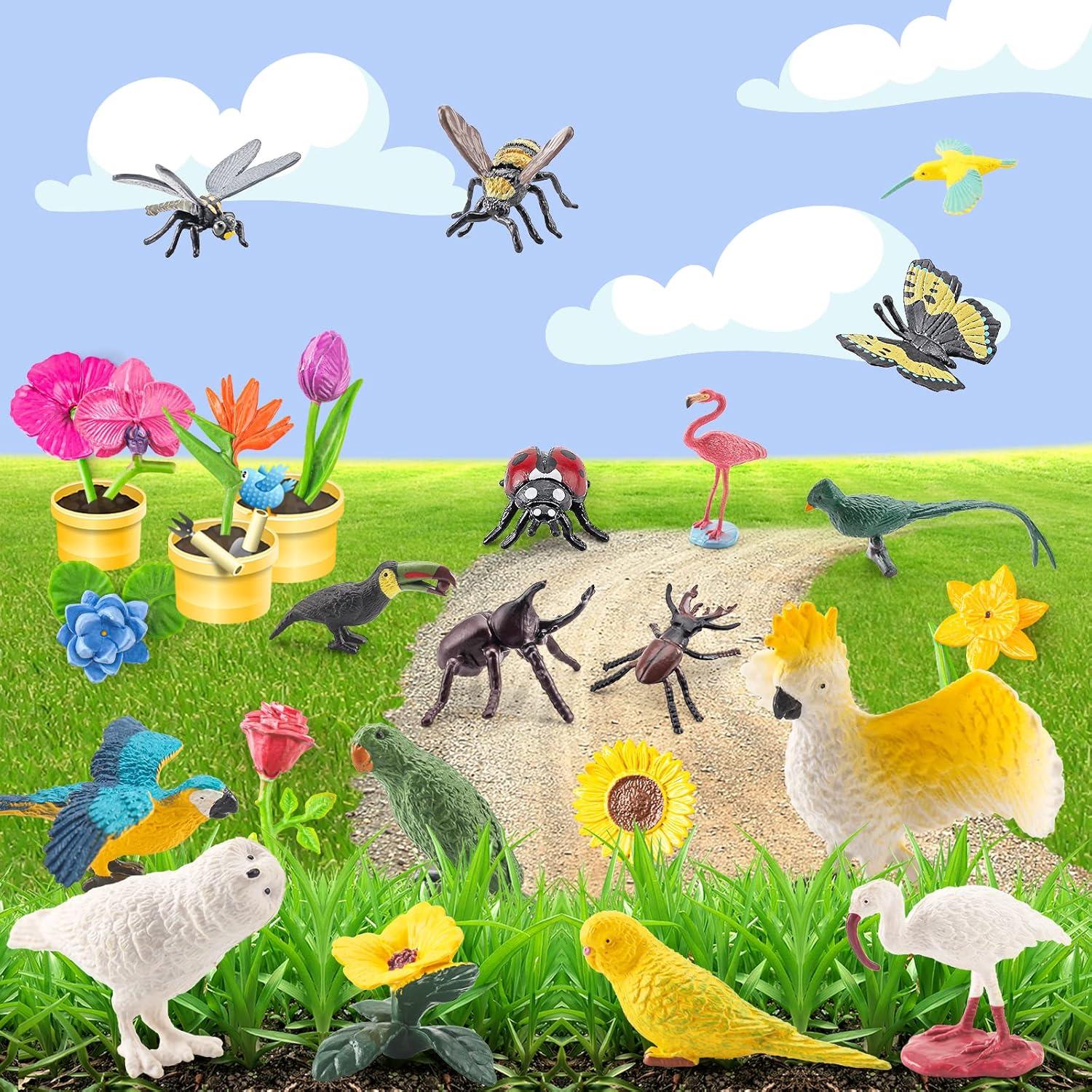 24PCS Realistic Bird Animals Figurines Plastic Flower Toys Mini Insect Toys Set for Toddlers Age 3+ Educational Project Diorama Kids for Preschool Children