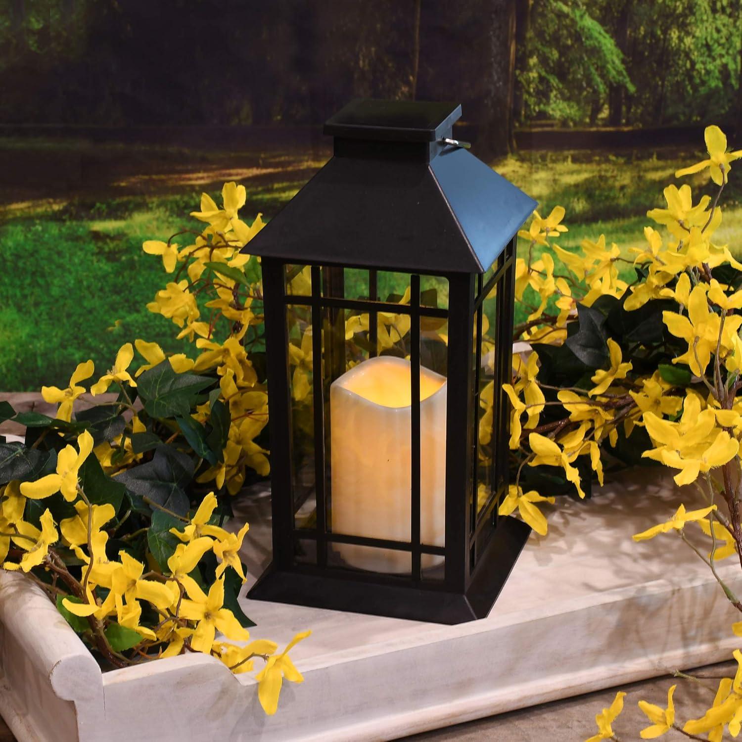 Black Solar Powered Hanging LED Lantern with Flickering Candle