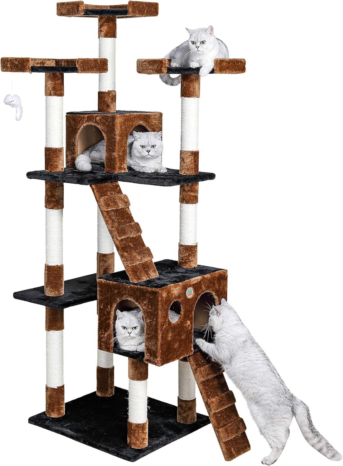 Black and Brown 72" Multi-Level Cat Tree with Sisal Posts