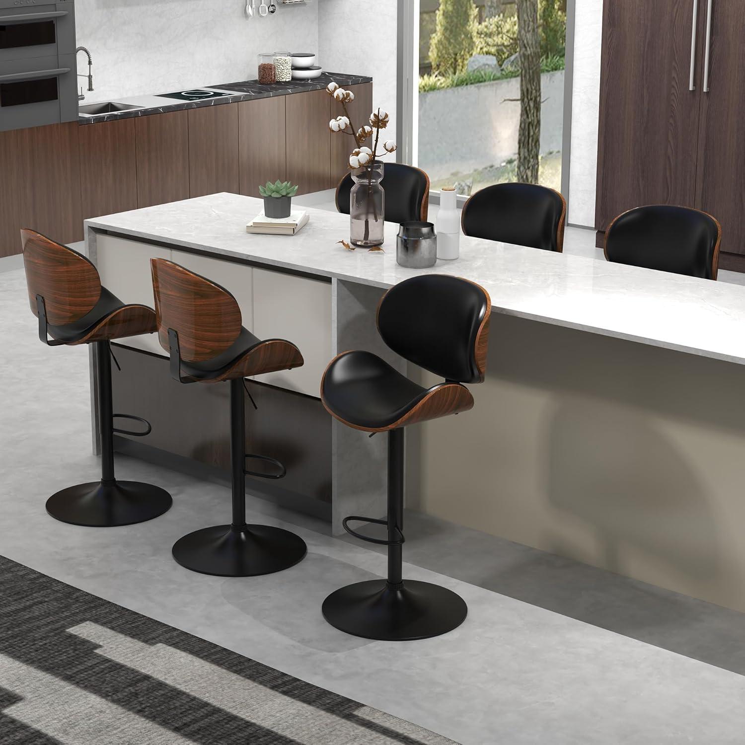 civama Bar Stools Set of 2 for Kitchen Counter, Adjustable Bar Height Chairs, Modern Swivel Barstools with Bentwood Seat and Back with Footrest, for Kitchen Island, Dining Room, Black PU Leather